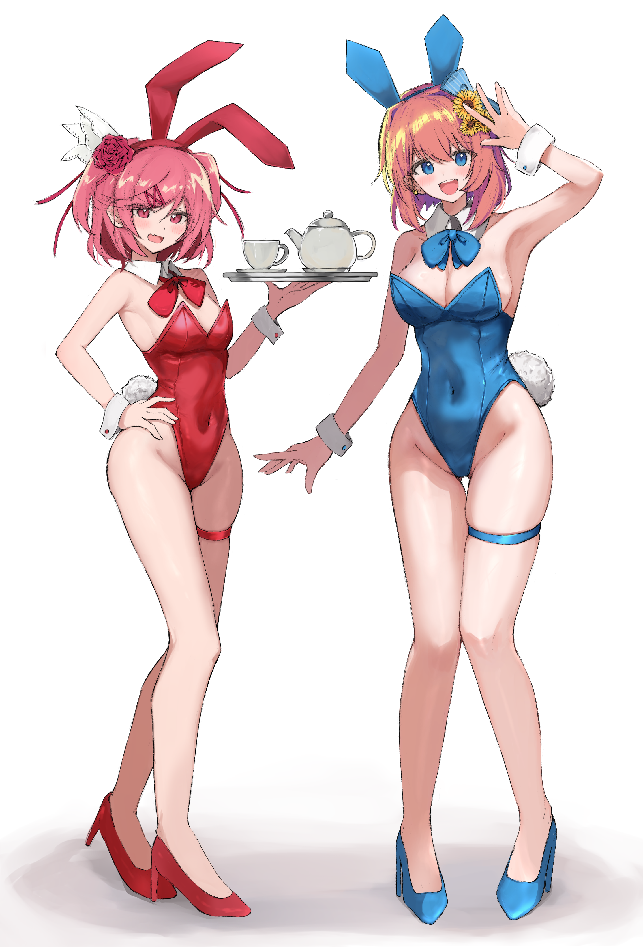 b4 (yonten), natsuki (doki doki literature club), sayori (doki doki literature club), doki doki literature club, absurdres, commentary request, highres, partial commentary, 2girls, :d, alternate costume, animal ear hairband, animal ears, armpits, bare legs, bare shoulders, blue bow, blue bowtie, blue eyes, blue headband, blue leotard, blue shoes, bow, bowtie, breasts, cleavage, collar, covered navel, cup, detached collar, fake animal ears, fake tail, fang, flower, full body, hair bow, hair flower, hair ornament, hair ribbon, hairband, hairclip, hand on own hip, hand up, headband, high heels, holding, holding tray, knees, leotard, looking at viewer, medium breasts, multiple girls, no panties, open mouth, orange hair, playboy bunny, rabbit ear hairband, rabbit ears, rabbit tail, red bow, red bowtie, red headband, red leotard, red ribbon, red shoes, ribbon, shoes, short hair, skin fang, small breasts, smile, strapless, strapless leotard, sunflower, sunflower hair ornament, tail, teacup, teapot, thigh strap, thighs, tray, two side up, v-shaped eyebrows, white collar, white wrist cuffs, wrist cuffs