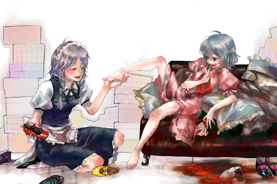 honey92, izayoi sakuya, remilia scarlet, touhou, silver hair, bad id, bad pixiv id, 2girls, ascot, barefoot, blonde hair, blood, blood on clothes, blood on face, bow, braid, closed eyes, cup, feet, female focus, maid, maid headdress, multiple girls, shoes, short hair, teacup, twin braids, unworn shoes, vampire, wings