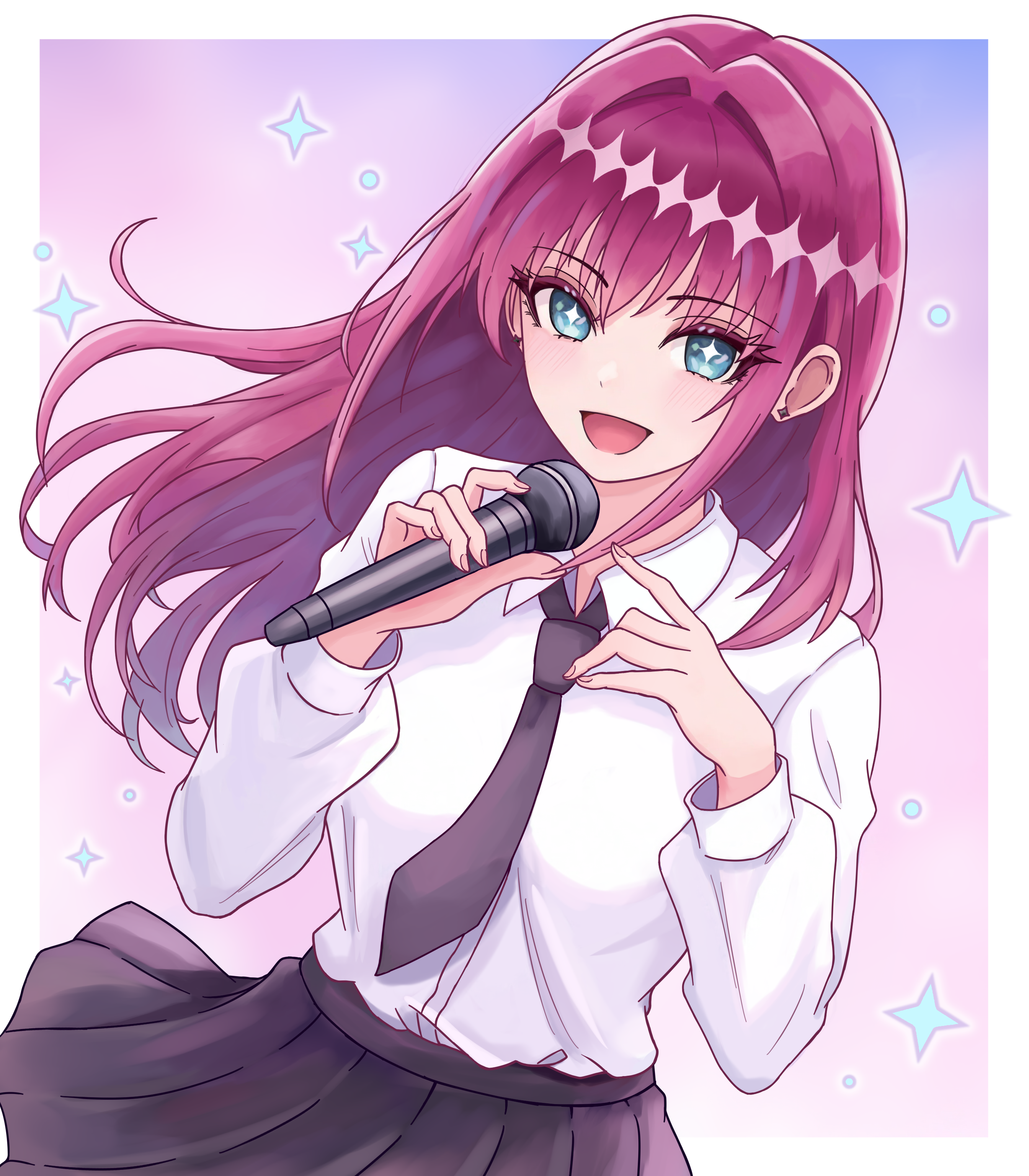 pigsir13152, saiki himeka, kimi no koto ga dai dai dai dai daisuki na 100-nin no kanojo, absurdres, chinese commentary, commentary, commentary request, english commentary, highres, mixed-language commentary, 1girl, :d, black necktie, black skirt, blue eyes, hair between eyes, holding, holding microphone, long hair, long sleeves, looking at viewer, microphone, necktie, open mouth, pleated skirt, purple hair, shirt, simple background, skirt, smile, solo, sparkle, white shirt, wing collar