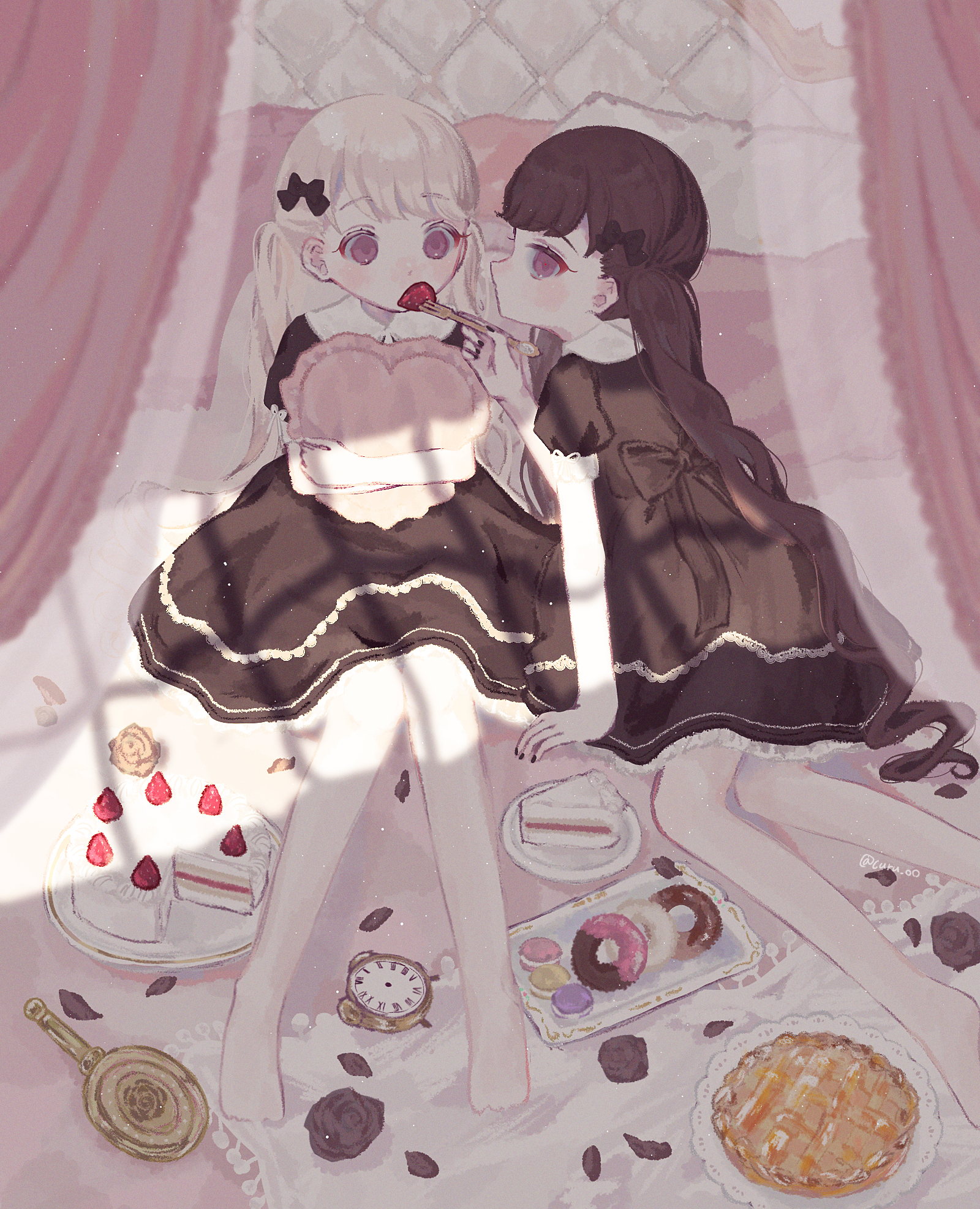 original, commentary request, highres, 2girls, alarm clock, back bow, black bow, black dress, black flower, black hair, black nails, black rose, bow, cake, clock, contrast collar, curusucururi, donut, dress, feeding, flower, food, fork, fruit, hair bow, hand mirror, holding, holding fork, indoors, lolita fashion, long hair, looking at object, looking at viewer, looking down, looking to the side, macaron, mirror, multiple girls, nail polish, on bed, pantyhose, petals, pie, pillow, plate, puffy short sleeves, puffy sleeves, purple eyes, rose, short sleeves, sitting, strawberry, strawberry shortcake, swept bangs, tray, twintails, twitter username, very long hair, white hair, white pantyhose, window shadow