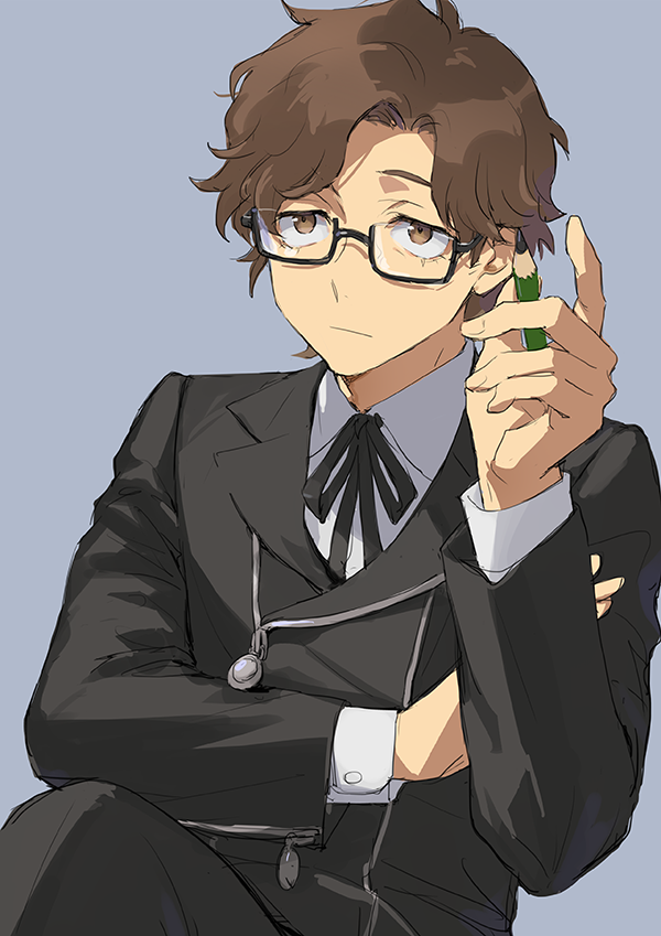 isa (peien516), hiraga keisuke, persona, persona 3, 1boy, black-framed eyewear, black jacket, black pants, black ribbon, brown eyes, brown hair, closed mouth, collared shirt, gekkoukan high school uniform, glasses, grey background, holding, holding pencil, jacket, long sleeves, male focus, neck ribbon, pants, pencil, ribbon, school uniform, semi-rimless eyewear, shirt, short hair, simple background, sitting, solo, white shirt, wing collar