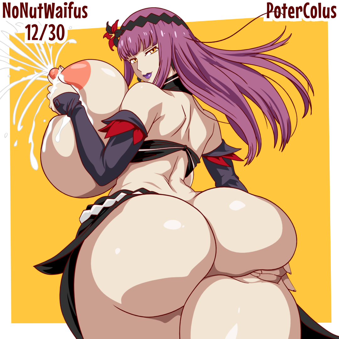 lady j, valkyrie drive, valkyrie drive -mermaid-, highres, 1girl, ass, bare shoulders, breasts, curvy, deep skin, detached sleeves, female focus, from behind, grabbing own ass, huge ass, huge breasts, lactation, lipstick, long hair, looking at viewer, makeup, no panties, poter colus, purple hair, simple background, solo, thick thighs, thighs, wide hips, yellow eyes