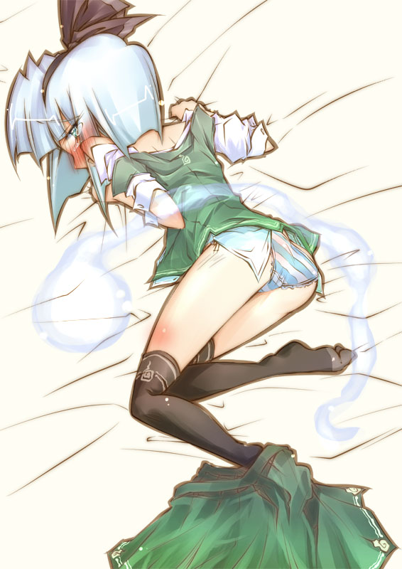 narumiya (narumiya), konpaku youmu, konpaku youmu (ghost), touhou, silver hair, 1girl, blue eyes, blush, bottomless, female focus, ghost, hair ribbon, hitodama, kneehighs, lying, no pants, panties, ribbon, short hair, socks, solo, striped clothes, striped panties, thighhighs, underwear