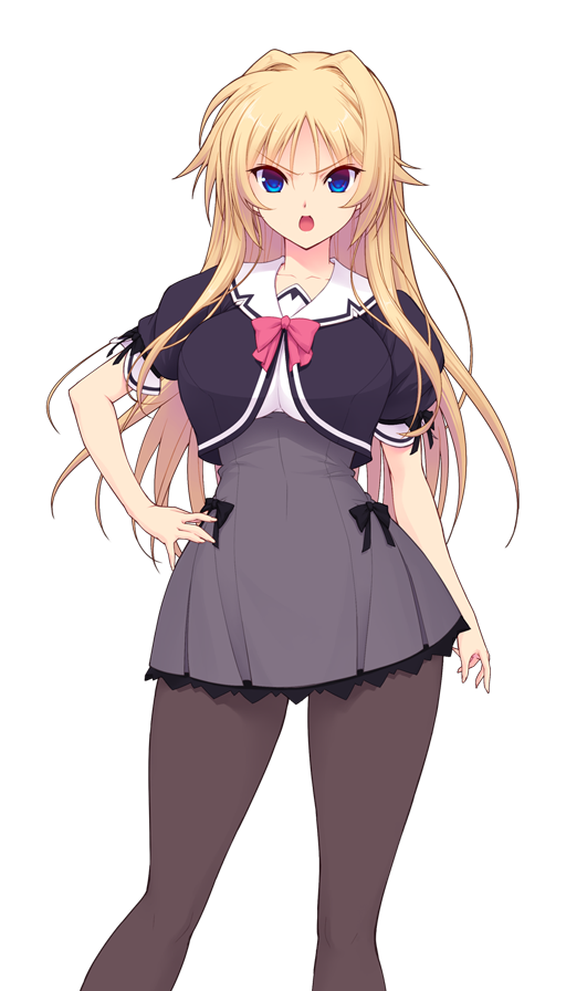 saitou natsuki, suhamaya, kourin tenshi en ciel rena, game cg, large variant set, non-web source, official art, variant set, 1girl, :o, angry, arm at side, black bow, black jacket, black pantyhose, black ribbon, blonde hair, blue eyes, bow, bowtie, breasts, brown pantyhose, contrapposto, cropped jacket, erika la etienne, feet out of frame, frilled skirt, frills, grey skirt, hair intakes, hand on own hip, high-waist skirt, jacket, lace, lace-trimmed skirt, lace trim, large breasts, legs apart, long hair, looking at viewer, miniskirt, open mouth, pantyhose, pink bow, pink bowtie, pleated skirt, puffy short sleeves, puffy sleeves, ribbon, sailor collar, school uniform, shirt, short sleeves, sidelocks, simple background, skirt, solo, standing, teeth, transparent background, upper teeth only, v-shaped eyebrows, white shirt, yurigaoka girls academy school uniform