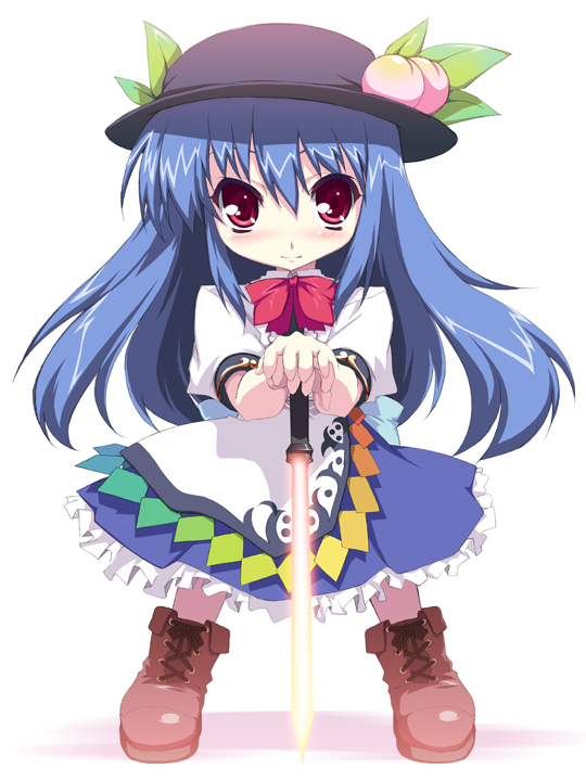 yamano sachi, hinanawi tenshi, touhou, 1girl, blue hair, boots, chibi, female focus, food, fruit, hat, long hair, peach, red eyes, solo, sword, sword of hisou, weapon