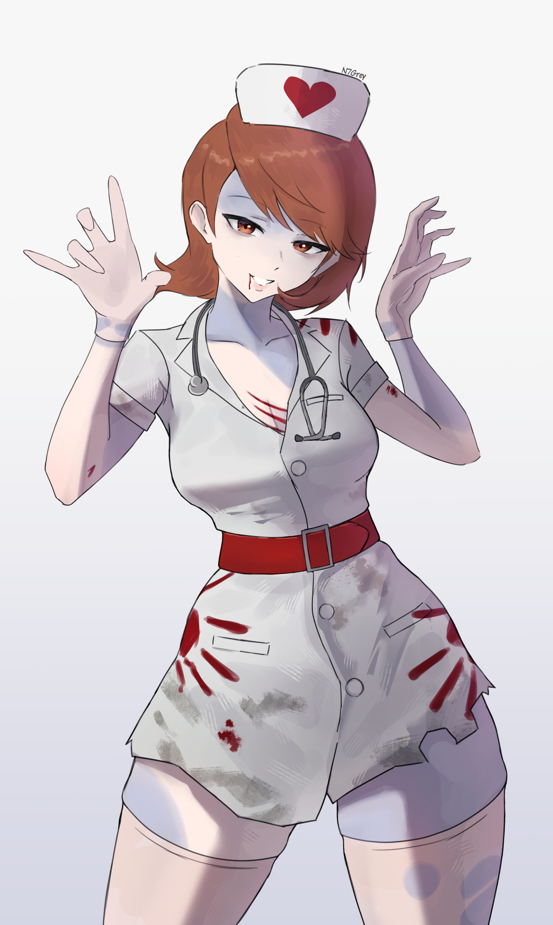 n7grey, takeba yukari, persona, persona 3, persona 3: dancing moon night, persona dancing, commentary, highres, 1girl, artist name, belt, belt buckle, blood, blood from mouth, blood on clothes, breasts, brown eyes, brown hair, buckle, cleavage, collarbone, cowboy shot, dirty, dirty clothes, dress, flipped hair, gloves, gradient background, halloween, halloween costume, hat, heart, looking at viewer, medium breasts, nurse, nurse cap, official alternate costume, open hands, outstretched arms, parted lips, pink gloves, pink thighhighs, red belt, short dress, short hair, short sleeves, solo, stethoscope, stethoscope around neck, thighhighs, thighs, white dress, zombie, zombie pose