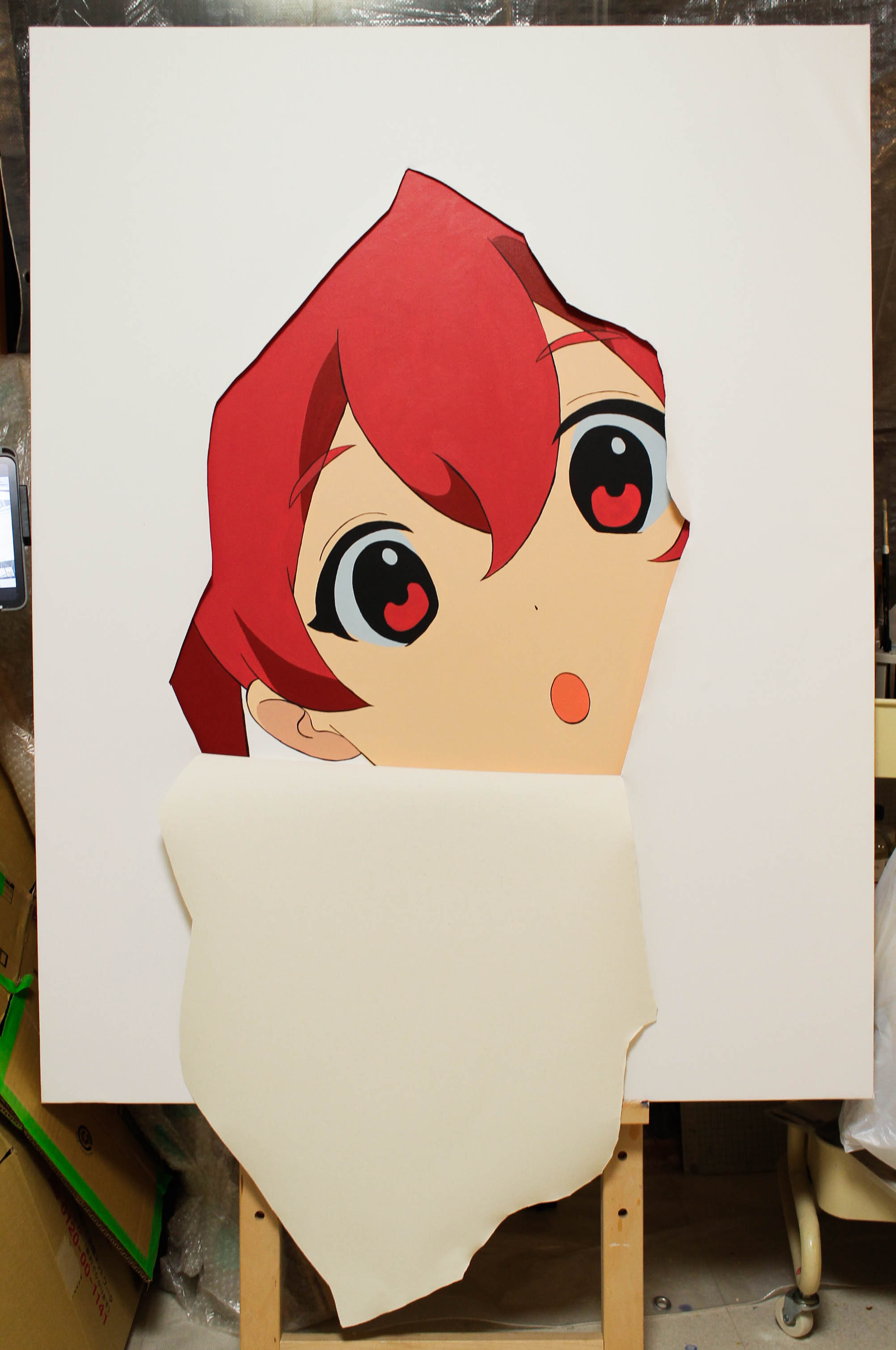 momoe (mme daigaku), original, absurdres, acrylic paint (medium), commentary, highres, painting (medium), symbol-only commentary, traditional media, unconventional media, 1girl, fourth wall, looking at viewer, open mouth, portrait, red eyes, red hair, solo