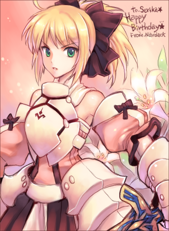 nardack, artoria pendragon (fate), saber (fate), saber lily, capcom, fate/stay night, fate/unlimited codes, fate (series), 00s, 1girl, ahoge, armor, armored dress, bare shoulders, blonde hair, bow, dress, female focus, flower, gauntlets, green eyes, hair bow, hair up, ponytail, serious, solo, sword, weapon