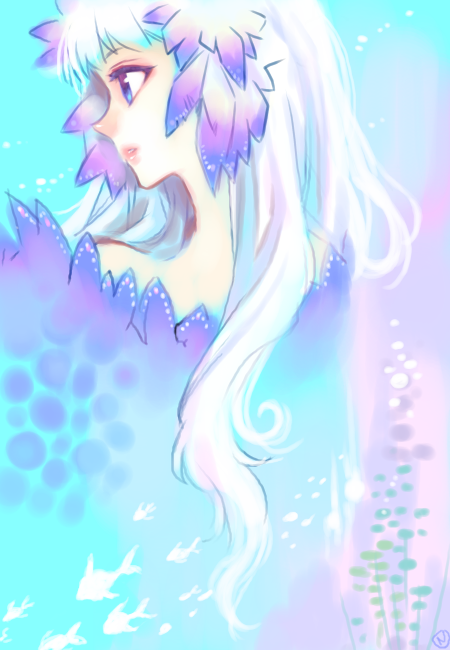 nardack, original, 1girl, blue eyes, female focus, fish, long hair, profile, solo, white hair