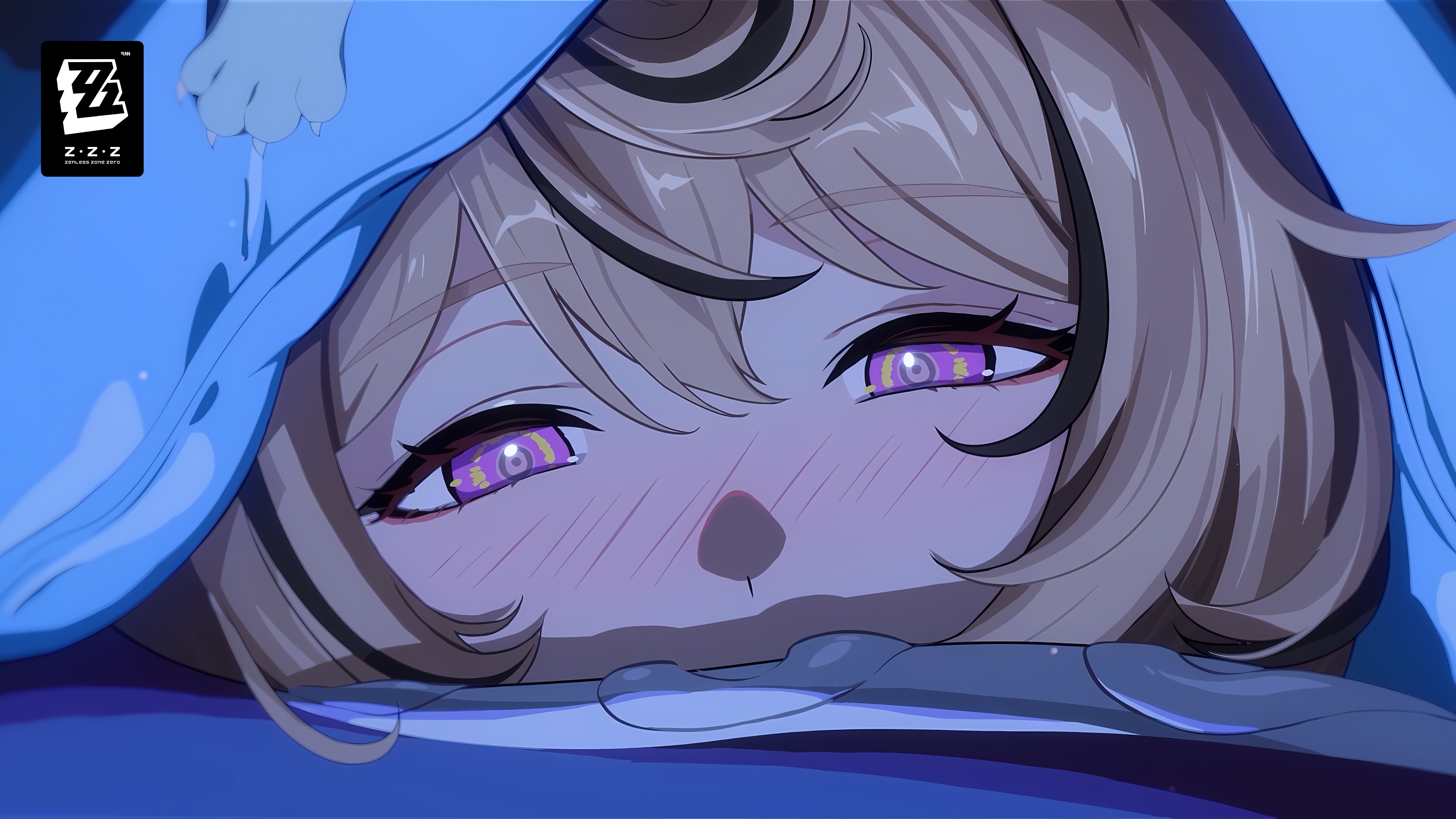 yidhari murphy, zenless zone zero, absurdres, highres, official art, 1girl, blonde hair, blush, copyright logo, copyright name, covered mouth, half-closed eyes, logo, looking at viewer, monster girl, purple eyes, shadow, short hair, solo, suction cups, tentacle girl, tentacles, under covers