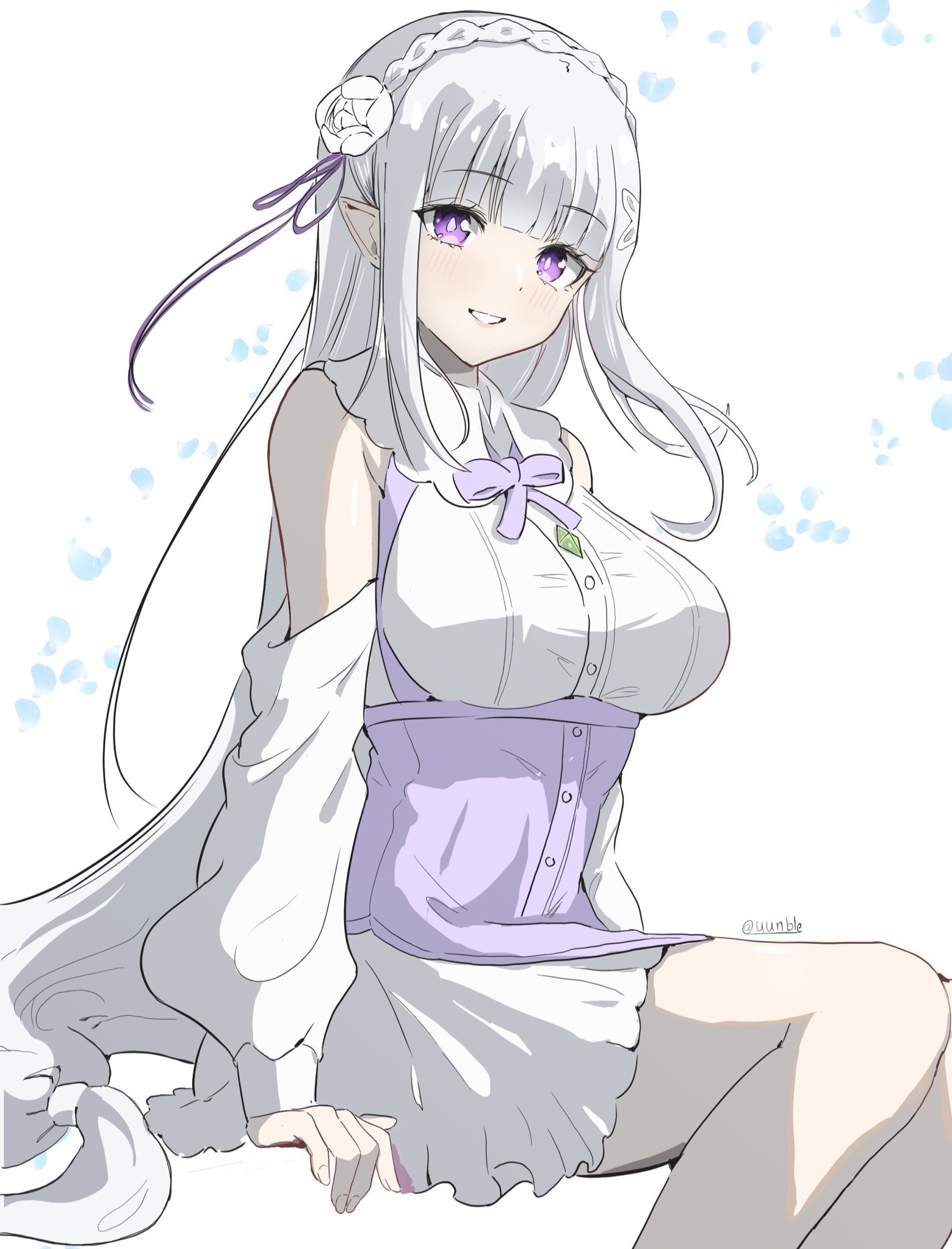uunble, emilia (re:zero), re:zero kara hajimeru isekai seikatsu, hashtag-only commentary, highres, 1girl, bare shoulders, blunt bangs, blush, braid, breasts, crown braid, detached sleeves, dress, flower, hair flower, hair ornament, hair ribbon, large breasts, long hair, long sleeves, looking at viewer, low-tied long hair, pointy ears, purple eyes, purple ribbon, ribbon, rose, sitting, smile, solo, very long hair, white background, white flower, white hair, white rose, x hair ornament