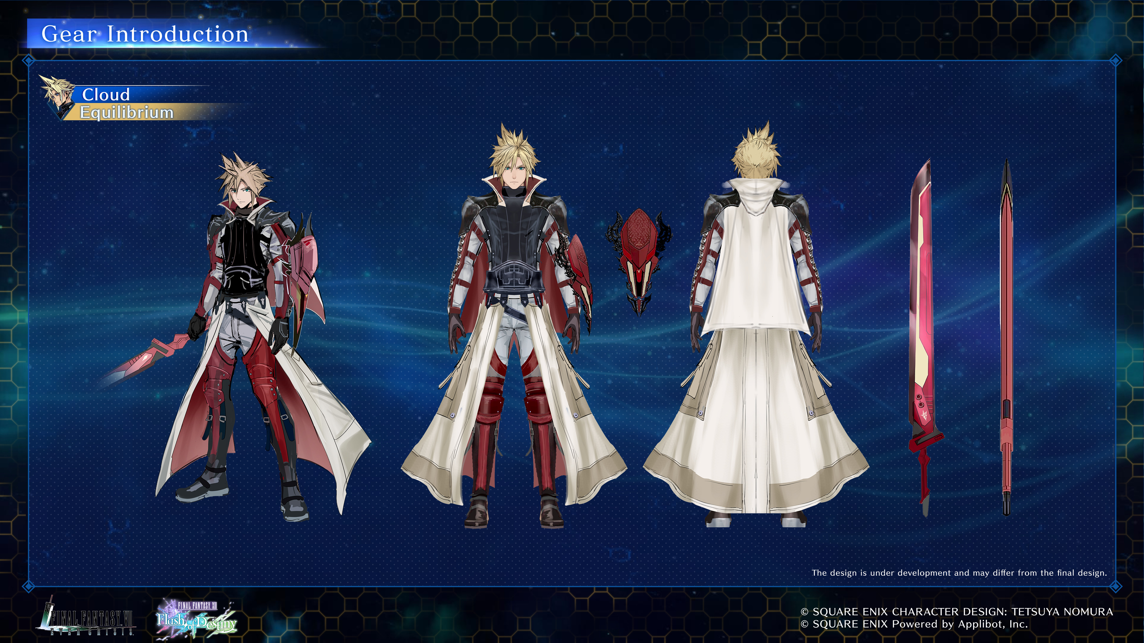 cloud strife, lightning farron, final fantasy, final fantasy vii, final fantasy vii: ever crisis, final fantasy xiii, lightning returns: final fantasy xiii, absurdres, concept art, highres, official art, 1boy, black gloves, blonde hair, blue eyes, cape, character name, closed mouth, cloud strife (equilibrium), company name, copyright logo, copyright name, cosplay, english text, from behind, full body, gloves, holding, holding sword, holding weapon, in-franchise crossover, jacket, lightning farron (cosplay), logo, looking at viewer, male focus, official alternate costume, pants, popped collar, reference sheet, short hair, shoulder pads, spiked hair, standing, straight-on, sword, waist cape, weapon, white cape, white jacket, white pants