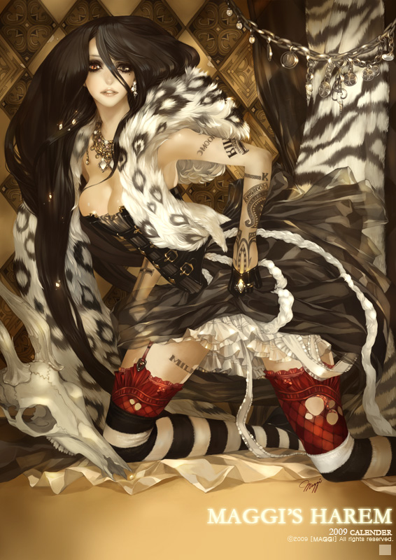 maggi, 1girl, bare shoulders, black hair, breasts, brown eyes, cleavage, earrings, female focus, garter belt, gloves, heterochromia, jewelry, kneeling, large breasts, lips, long hair, mole, mole under eye, skull, solo, striped clothes, striped thighhighs, thighhighs, very long hair