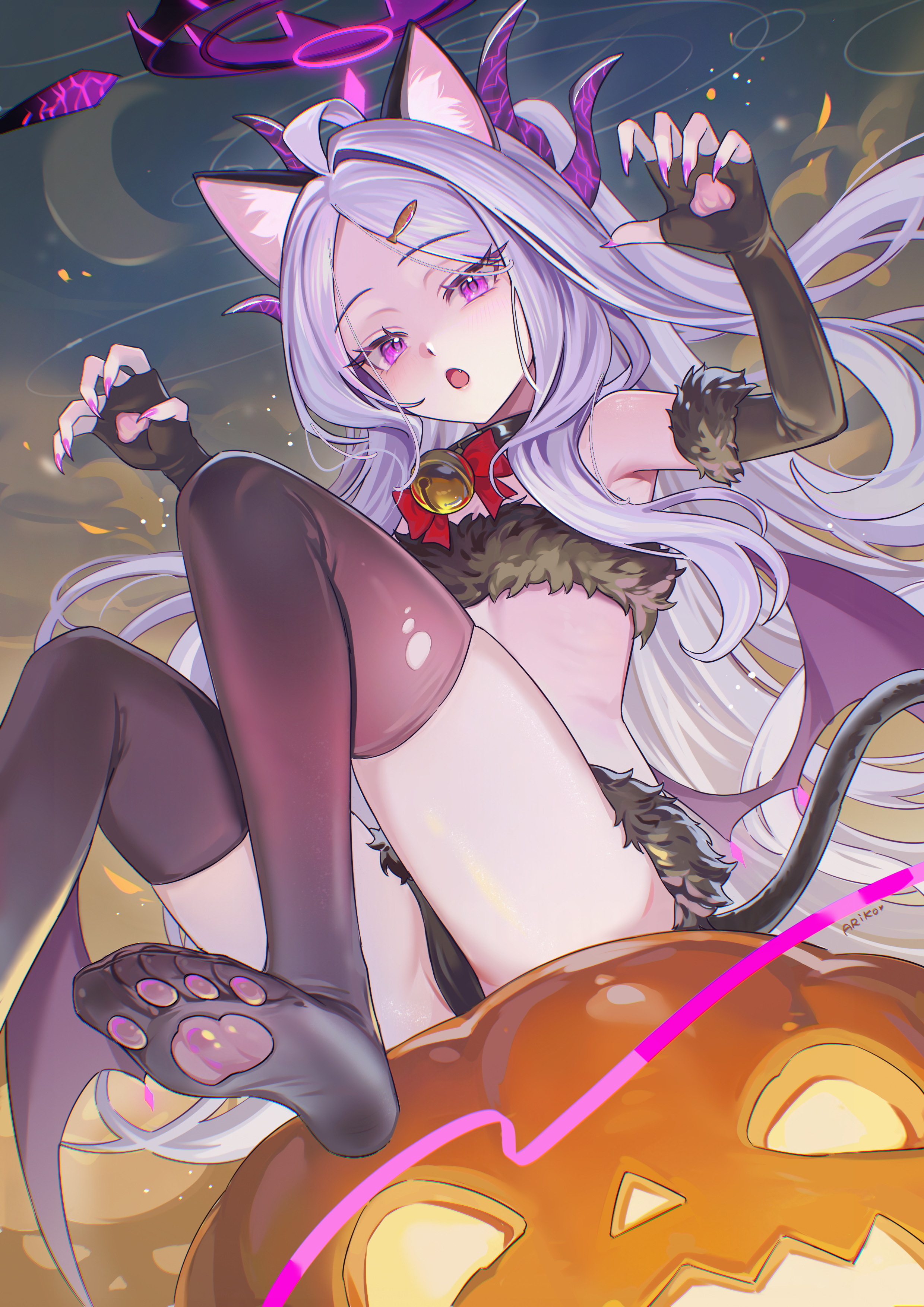 ariko (aaaaarik), hina (blue archive), blue archive, absurdres, commentary, highres, symbol-only commentary, 1girl, ahoge, alternate costume, animal ears, animal hands, bell, black thighhighs, bow, cat ears, cat paws, claw pose, elbow gloves, fang, fingerless gloves, fish hair ornament, gloves, grey hair, hair bow, hair ornament, halo, jingle bell, long hair, midriff, open mouth, purple eyes, purple halo, purple nails, solo, thighhighs