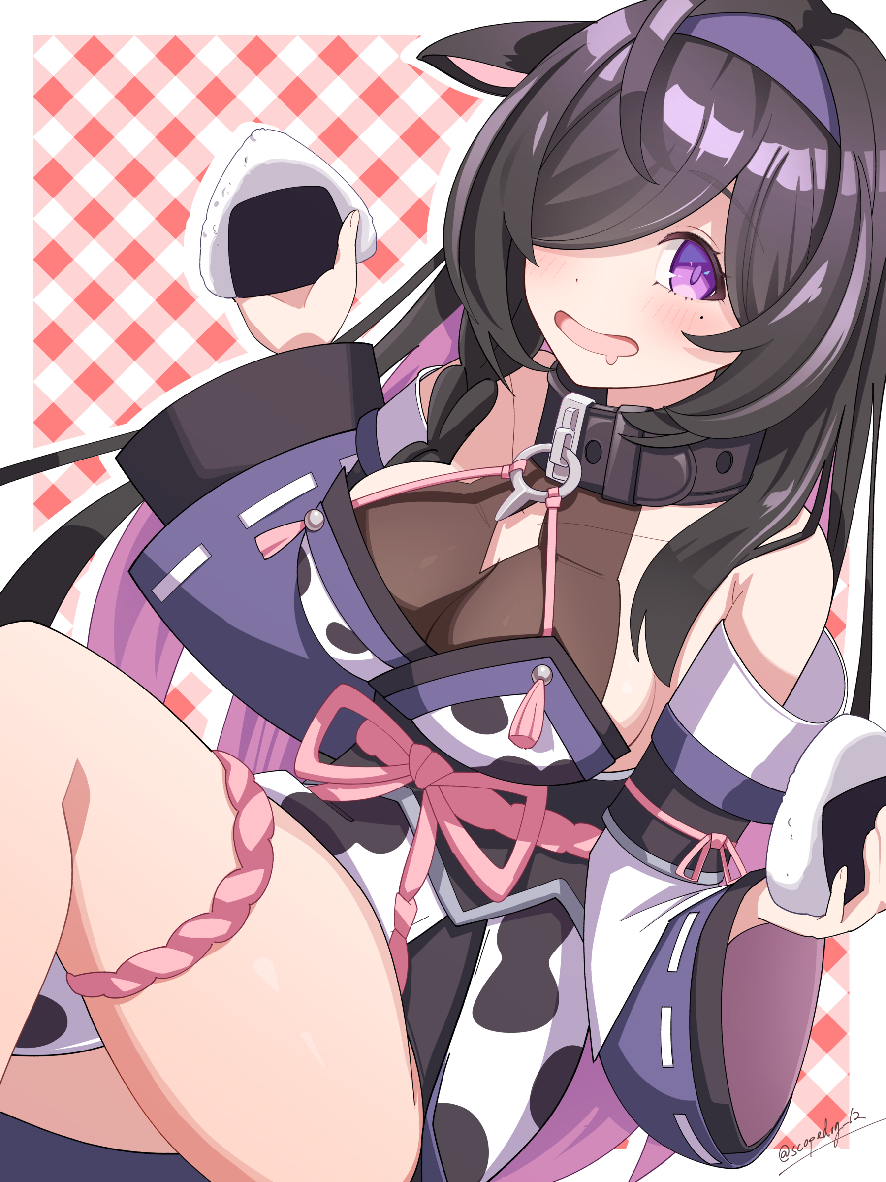 scopedog 12, yagyu shino, nijisanji, absurdres, highres, 1girl, ahoge, animal ears, animal print, bare shoulders, belt collar, black collar, black hair, blush, border, braid, breasts, cleavage cutout, clothing cutout, collar, colored inner hair, cow ears, cow girl, cow print, detached sleeves, drooling, ear tag, feet out of frame, food, hair over one eye, hair ribbon, hairband, holding, holding food, japanese clothes, kimono, knee up, large breasts, long hair, long sleeves, looking at viewer, mole, mole under eye, mouth drool, multicolored hair, obi, obijime, one eye covered, onigiri, open mouth, outside border, parted bangs, pink ribbon, plaid background, print kimono, purple eyes, purple hair, purple hairband, purple sleeves, ribbon, ribbon-trimmed sleeves, ribbon trim, sash, see-through cleavage, see-through clothes, side braid, side slit, sidelocks, simple background, single braid, sitting, smile, solo, tassel, thigh strap, twitter username, virtual youtuber, white background, white border, wide sleeves