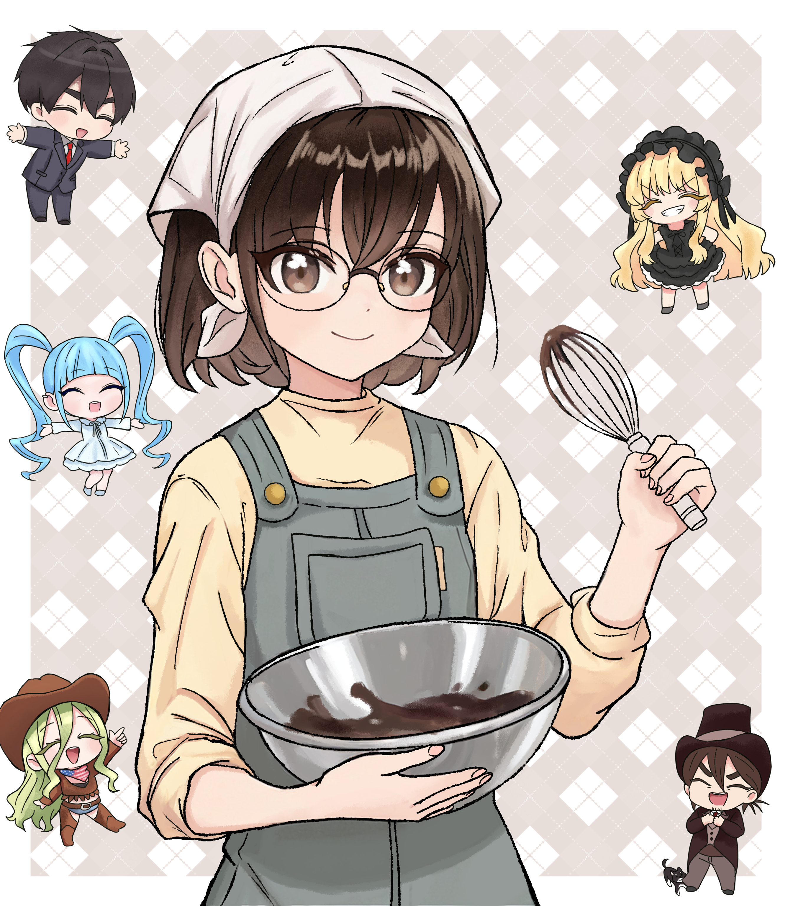 pigsir13152, aijou rentarou, dei matsuri, futate eru, iin chiyo, yamato nadeshiko (hyakkano), kimi no koto ga dai dai dai dai daisuki na 100-nin no kanojo, absurdres, chinese commentary, commentary, commentary request, english commentary, highres, mixed-language commentary, 2boys, 4girls, black hair, blonde hair, blue hair, bowl, brown eyes, chibi, chibi inset, chocolate, cowboy hat, father and daughter, green hair, grey overalls, hat, headscarf, holding, holding bowl, holding whisk, iin hiro, looking at viewer, multiple boys, multiple girls, overalls, shirt, short hair, smile, solo focus, top hat, tuxedo, whisk, yellow shirt