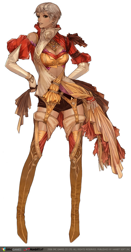 maggi, scout (granado espada), granado espada, original, 1girl, boots, breasts, brown eyes, cleavage, costume, dark-skinned female, dark skin, female focus, full body, jewelry, large breasts, necklace, short hair, shorts, solo, standing