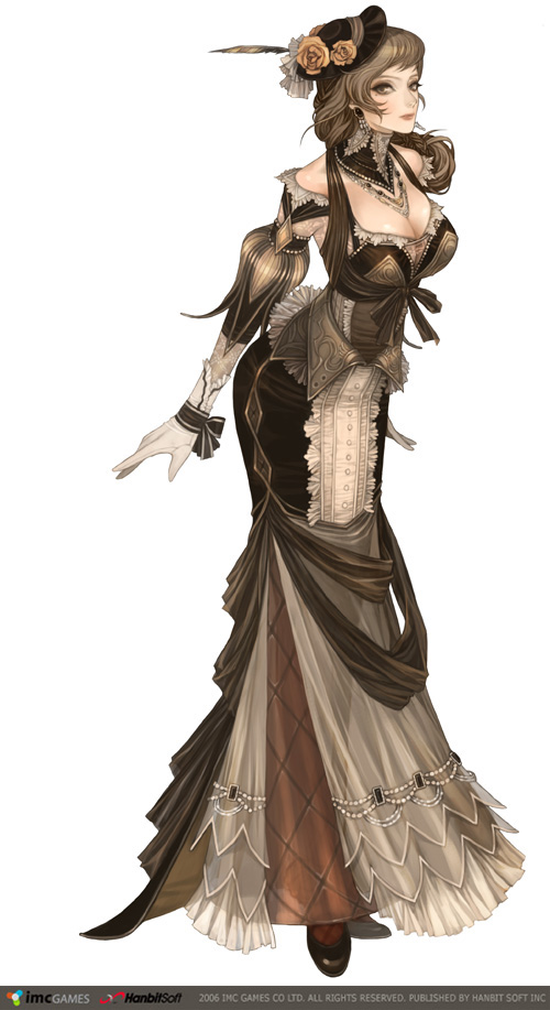 maggi, wizard (granado espada), granado espada, 1girl, bare shoulders, breasts, brown eyes, brown hair, cleavage, dress, female focus, gloves, hat, hobble dress, large breasts, leaning forward, long dress, long hair, mole, mole under eye, see-through clothes, solo