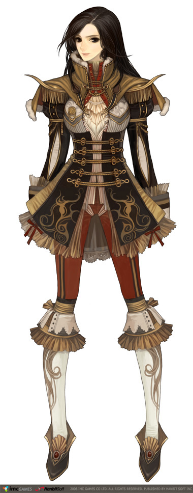 maggi, musketeer (granado espada), granado espada, black footwear, 1girl, ascot, black hair, boots, brown eyes, costume, female focus, frills, full body, gloves, jacket, long hair, shoes, shoulder pads, simple background, solo, standing, white background