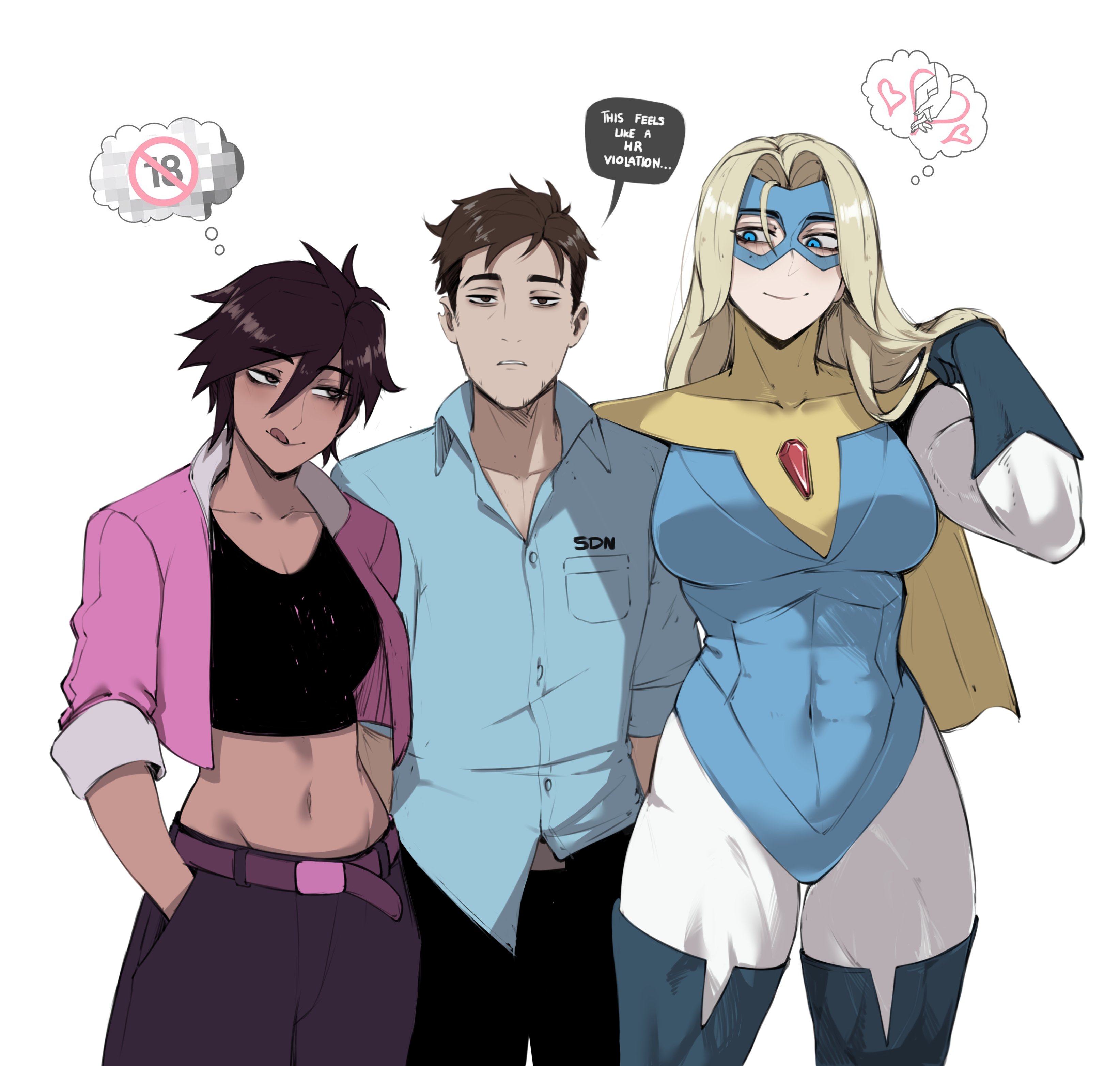 masoq, blonde blazer, invisigal, robert robertson, dispatch, absurdres, highres, 1boy, 2girls, abs, black hair, blonde hair, breasts, brown hair, cape, covered navel, dark-skinned female, dark skin, english text, large breasts, licking lips, long hair, male focus, mask, medium breasts, midriff, multiple girls, navel, short hair, speech bubble, superhero costume, thought bubble, tongue, tongue out