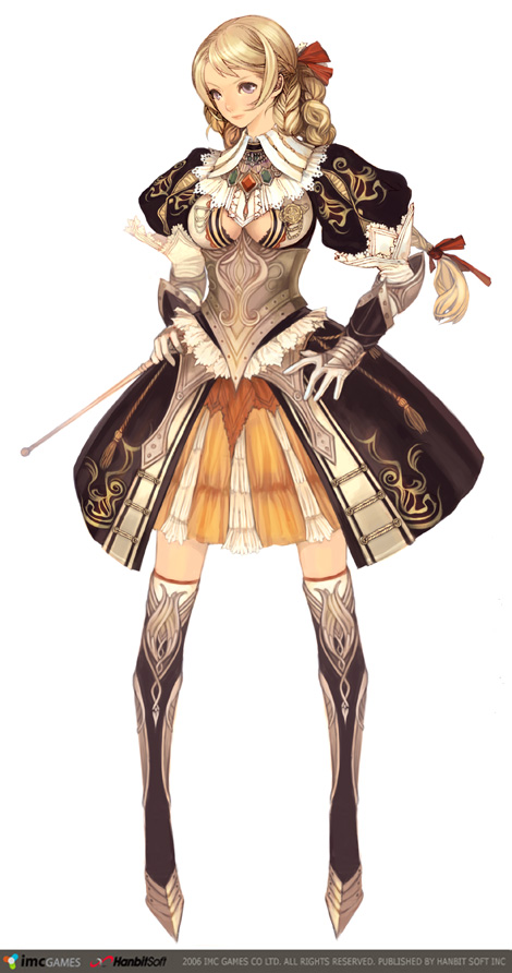 maggi, princess gabriella, granado espada, 1girl, armor, blonde hair, boots, braid, breasts, brown eyes, costume, dress, female focus, full body, gloves, hair ribbon, long hair, ribbon, simple background, solo, staff, standing, thigh boots, thighhighs, white background