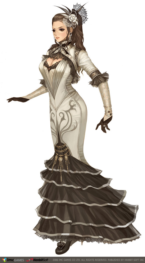 maggi, wizard (granado espada), granado espada, 1girl, breasts, brown eyes, brown hair, cleavage, dress, earrings, female focus, flower, gloves, hair flower, hair ornament, hobble dress, jewelry, long dress, long hair, mole, mole under eye, ring, solo