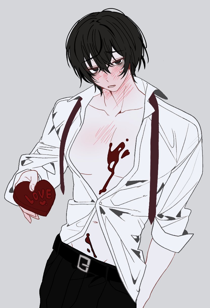 yi sang (project moon), limbus company, project moon, highres, 1boy, belt, black belt, black pants, blush, candy, chocolate, chocolate heart, collared shirt, food, grey background, heart, heart-shaped food, holding, holding chocolate, holding food, looking at viewer, necktie, open mouth, pants, rodionlotte, shirt, simple background, solo, sweat, undone necktie, white shirt