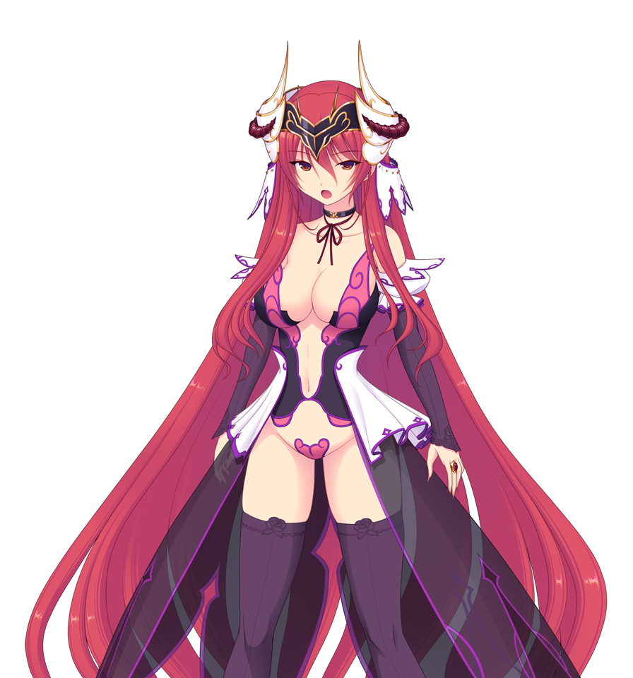 saitou natsuki, suhamaya, tomoe rena, kourin tenshi en ciel rena, game cg, large variant set, non-web source, official art, variant set, 1girl, :o, absurdly long hair, black thighhighs, breasts, bridal gauntlets, choker, cleavage, collarbone, detached sleeves, hair between eyes, hair ornament, horns, large breasts, long hair, looking at viewer, lucifer rena, maebari, navel, open mouth, purple thighhighs, red eyes, red hair, revealing clothes, ribbon, showgirl skirt, solo, standing, tachi-e, thighhighs, transparent background, very long hair