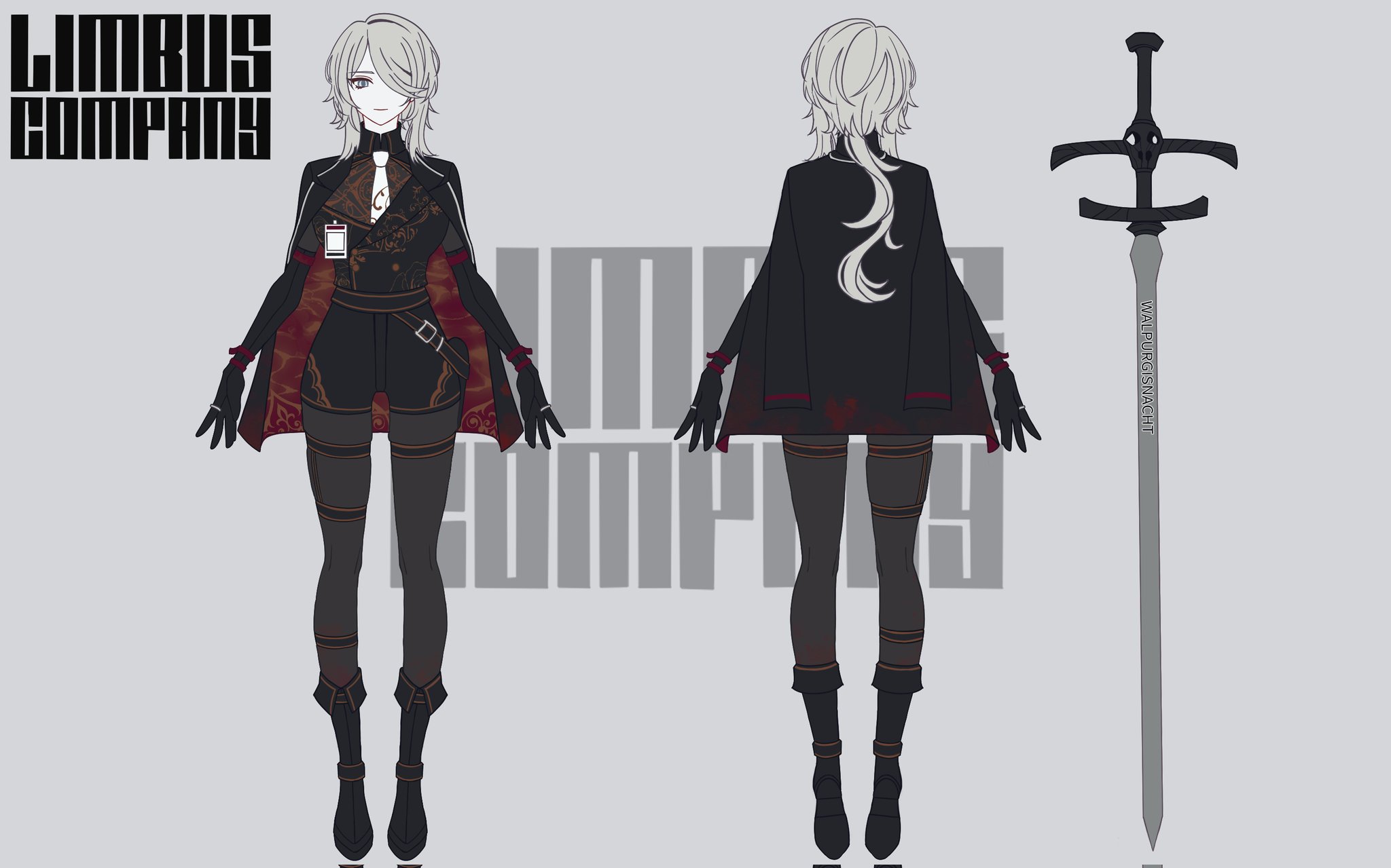 faust (project moon), limbus company, project moon, highres, 1girl, black boots, black jacket, black pantyhose, black shorts, boots, full body, gold trim, jacket, jacket on shoulders, long hair, low ponytail, necktie, pantyhose, ponytail, rodionlotte, shorts, simple background, sword, weapon, white background, white hair, white necktie, zweihander