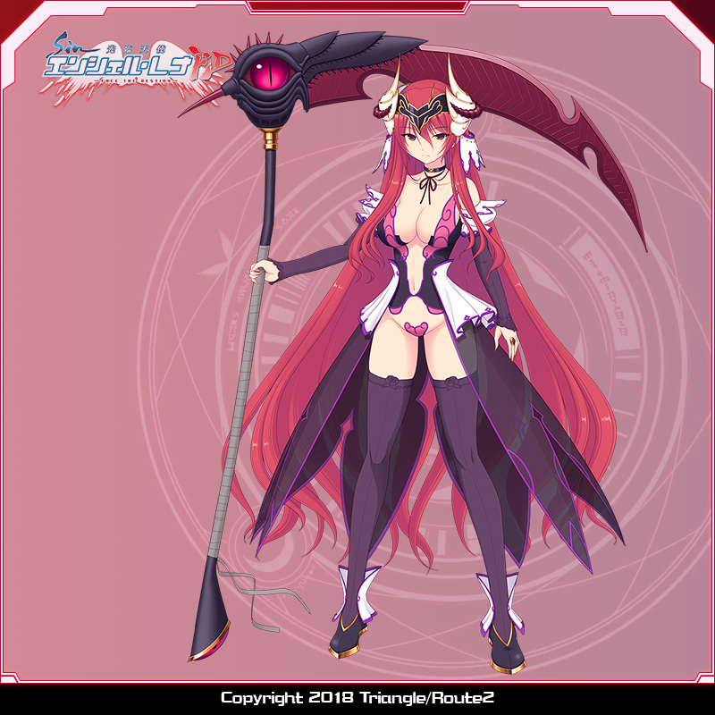 saitou natsuki, suhamaya, tomoe rena, kourin tenshi en ciel rena, game cg, large variant set, official art, variant set, 1girl, bare shoulders, black thighhighs, breasts, bridal gauntlets, choker, cleavage, copyright name, detached sleeves, full body, holding, horns, large breasts, logo, long hair, looking at viewer, lucifer rena, maebari, navel, red eyes, red hair, revealing clothes, scythe, showgirl skirt, smile, solo, standing, strapless bottom, thighhighs, very long hair, weapon