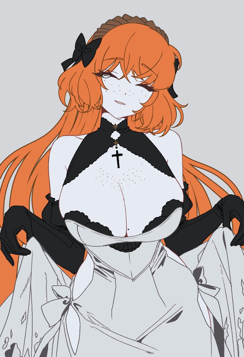 ishmael (project moon), limbus company, project moon, highres, 1girl, black bow, black gloves, body freckles, bow, breasts, brown hairband, bygone days (e.g.o), cleavage, closed eyes, clothing cutout, cowboy shot, cross, cross necklace, dress, e.g.o (project moon), elbow gloves, freckles, gloves, hair bow, hairband, jewelry, large breasts, long hair, necklace, orange hair, rodionlotte, rope, side cutout, sidelocks, solo, tears, very long hair, white dress