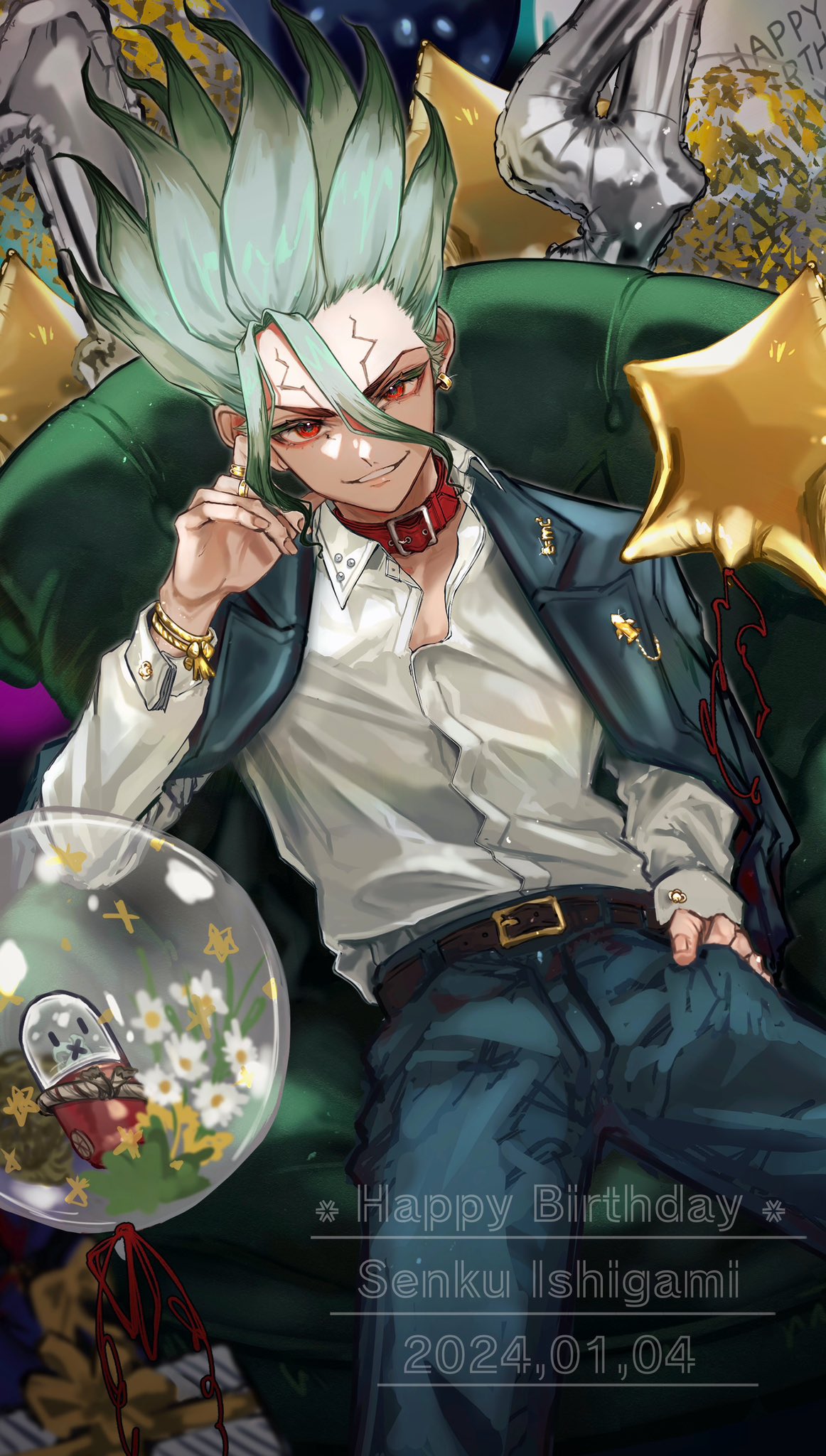 sei yaaa, ishigami senkuu, dr. stone, highres, 1boy, balloon, belt, belt buckle, belt collar, birthday, blue pants, box, bracelet, buckle, collar, dated, earrings, gift, gift box, green hair, hair between eyes, hand in pocket, happy birthday, jacket, jacket on shoulders, jewelry, long sleeves, looking at viewer, male focus, pants, red collar, red eyes, shirt, sitting, smile, solo, spiked hair, white shirt