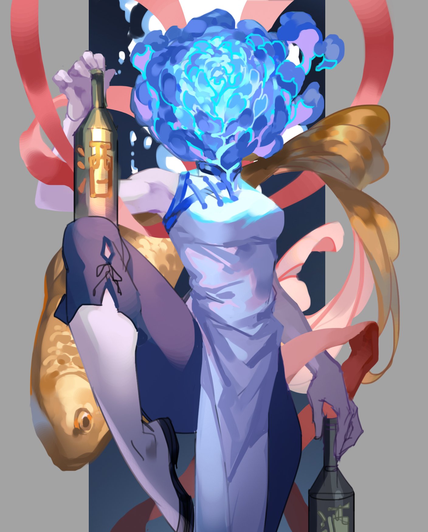 lydialing draws, original, commentary, english commentary, highres, 1girl, black pants, blue flower, blue rose, boots, bottle, breasts, china dress, chinese clothes, dress, flower, flower head, holding, holding bottle, knee up, medium breasts, object head, pants, pelvic curtain, rose, sleeveless, sleeveless dress, solo, white boots, white dress