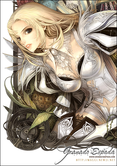 maggi, fighter (granado espada), granado espada, 1girl, armor, blonde hair, blue eyes, breasts, cleavage, costume, female focus, large breasts, long hair, navel, shorts, solo, sword, weapon