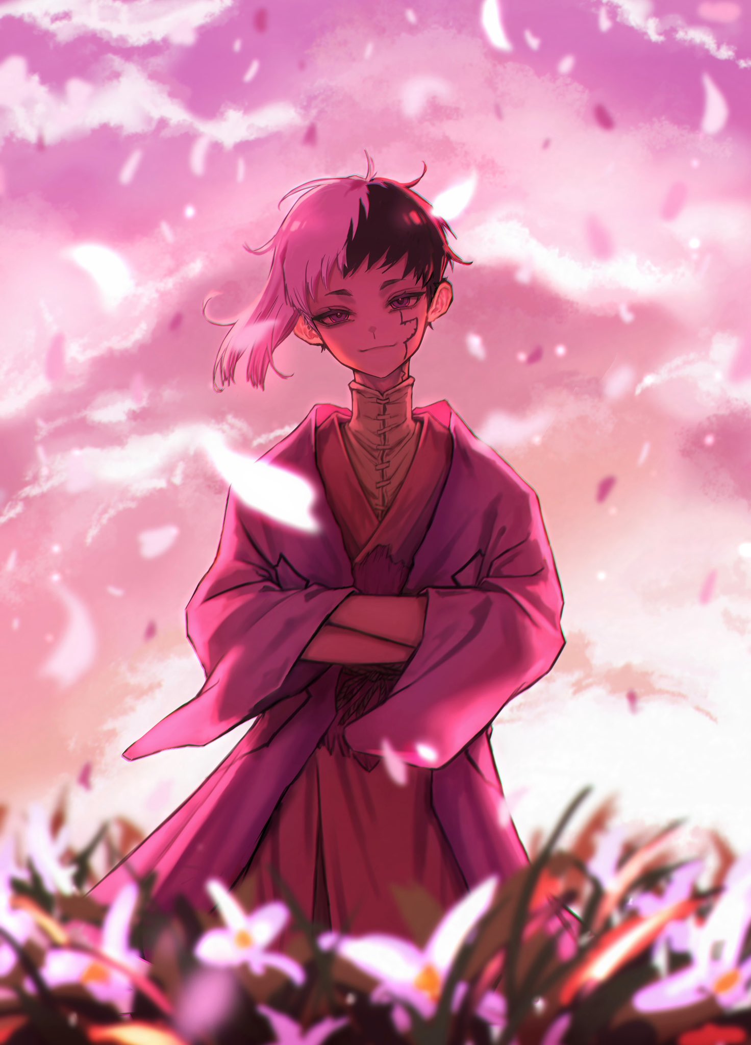 sei yaaa, asagiri gen, dr. stone, highres, 1boy, asymmetrical hair, black hair, closed mouth, cloud, crossed arms, falling petals, field, flower, japanese clothes, long sleeves, looking at viewer, male focus, multicolored hair, outdoors, petals, robe, shirt, short hair, sky, smile, solo, split-color hair, standing, two-tone hair, white flower, white hair, white shirt, wind