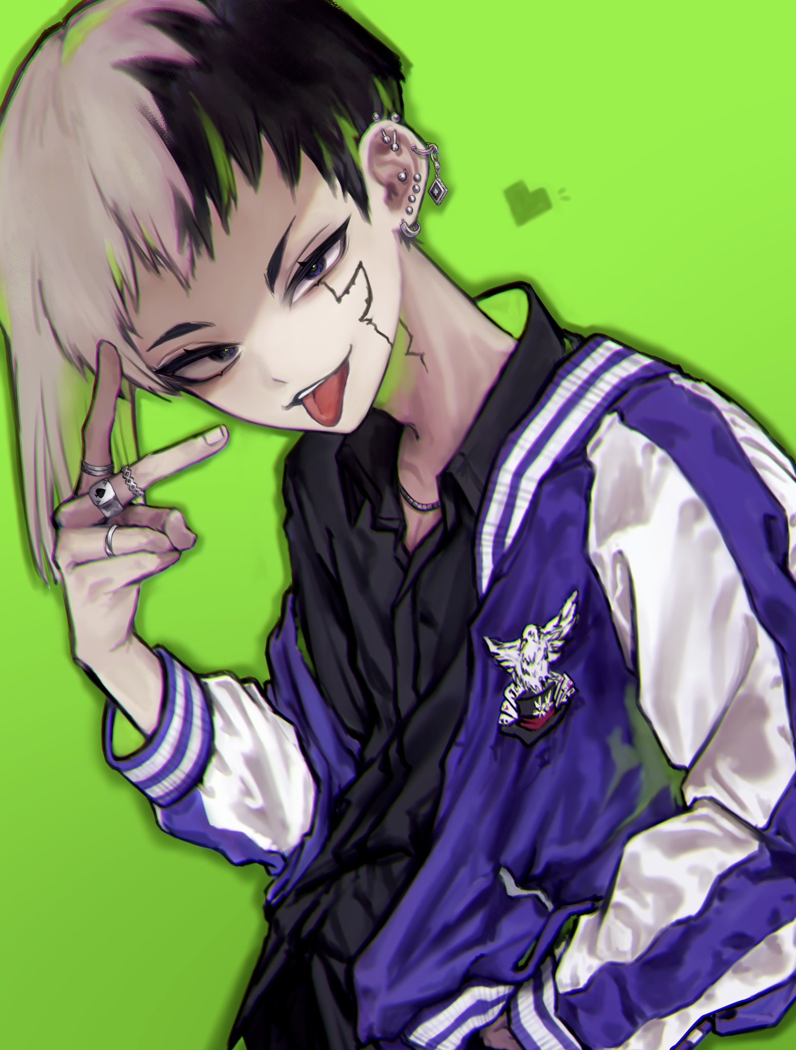 sei yaaa, asagiri gen, dr. stone, highres, 1boy, asymmetrical hair, black eyes, black hair, black shirt, collared shirt, ear piercing, earrings, green background, hand in pocket, jacket, jewelry, letterman jacket, looking at viewer, male focus, multicolored hair, multiple rings, piercing, purple jacket, ring, shirt, short hair, solo, sukajan, tongue, tongue out, two-tone hair, v, white hair