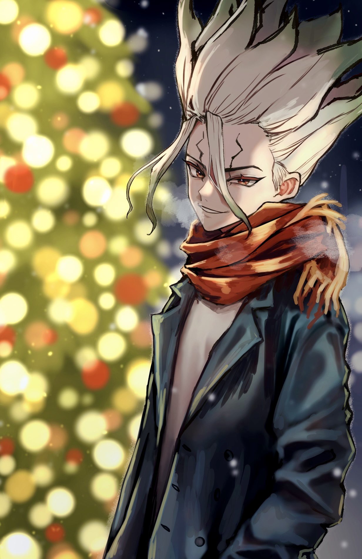 sei yaaa, ishigami senkuu, dr. stone, highres, 1boy, christmas, christmas tree, coat, gradient hair, green hair, grey hair, jacket, long sleeves, looking at viewer, male focus, multicolored hair, night, open clothes, open jacket, red eyes, red scarf, scarf, smile, solo, spiked hair, two-tone hair, upper body, white hair