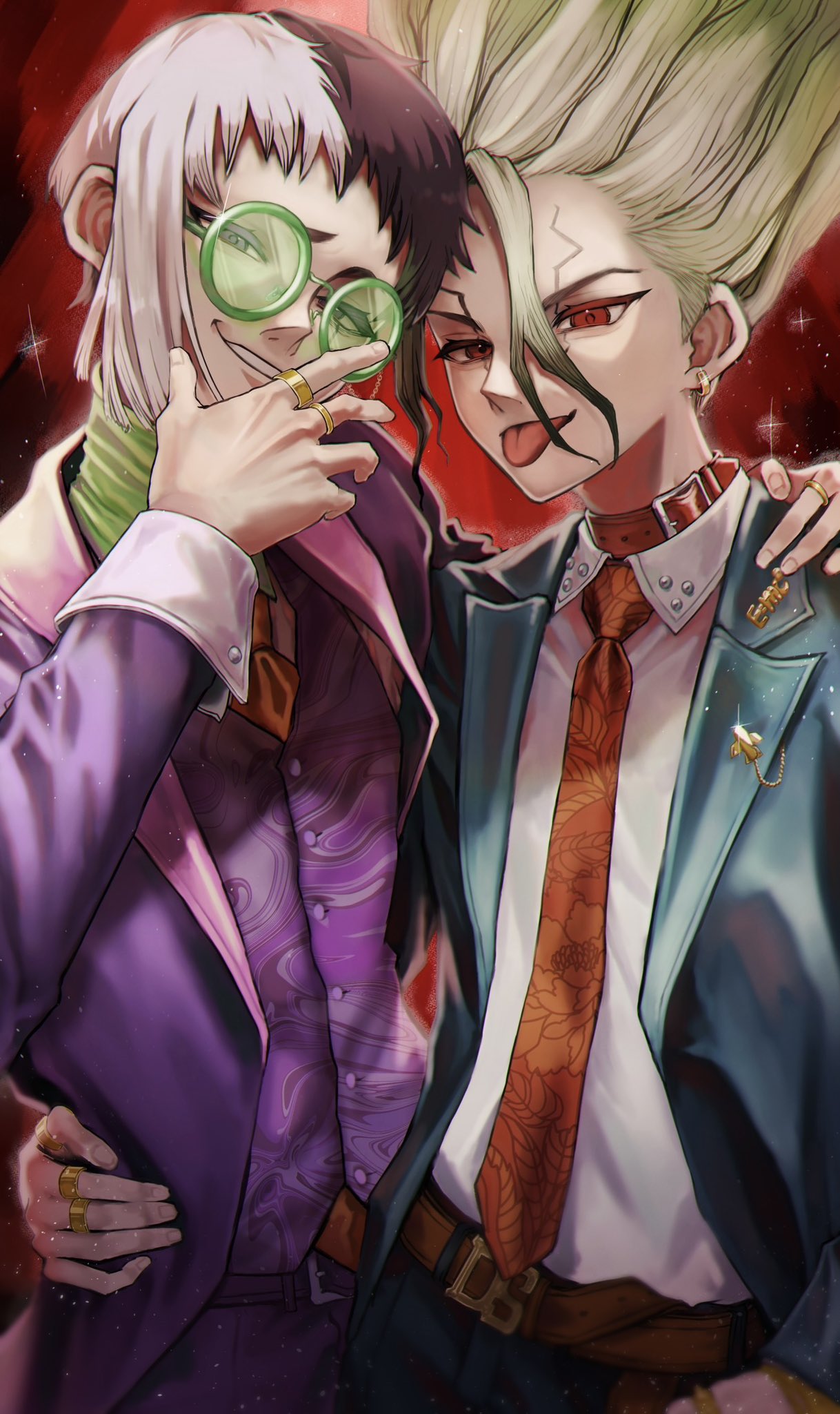 sei yaaa, asagiri gen, ishigami senkuu, dr. stone, highres, 2boys, arm around shoulder, belt, black hair, blue pants, brown belt, collar, collared shirt, earrings, formal clothes, glasses, green-tinted eyewear, green hair, hand on another's hip, hand on another's shoulder, jacket, jewelry, long sleeves, looking at viewer, male focus, multicolored hair, multiple boys, necktie, orange necktie, pants, purple jacket, purple pants, purple vest, red background, red collar, red eyes, red necktie, ring, round eyewear, shirt, smile, spiked hair, suit, tinted eyewear, tongue, tongue out, two-tone hair, vest, white hair, white shirt