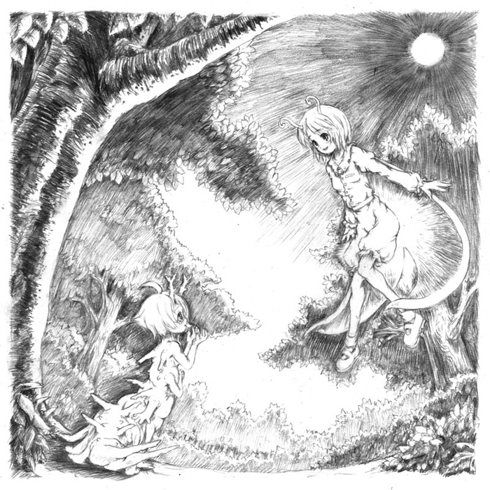 katzeh, wriggle nightbug, touhou, 2girls, antennae, cape, creature, female focus, greyscale, monochrome, monster girl, multiple girls, short hair, shorts, tree