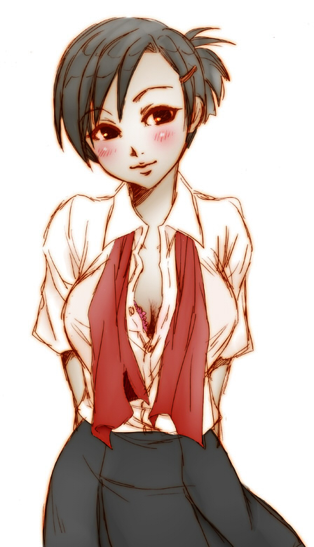 nishiwaki yuuko, persona, persona 3, non-web source, 1girl, black hair, blush, bow, bowtie, bra, bra peek, breasts, cleavage, dark-skinned female, dark skin, gekkoukan high school uniform, hair ornament, hairclip, large breasts, partially unbuttoned, school uniform, solo, tan, underwear, undone bowtie