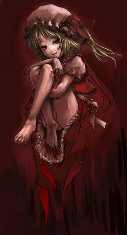 katzeh, flandre scarlet, touhou, 1girl, barefoot, blonde hair, blue hair, fang, feet, female focus, hat, loli, one side up, ponytail, red eyes, short hair, side ponytail, solo, vampire, wings