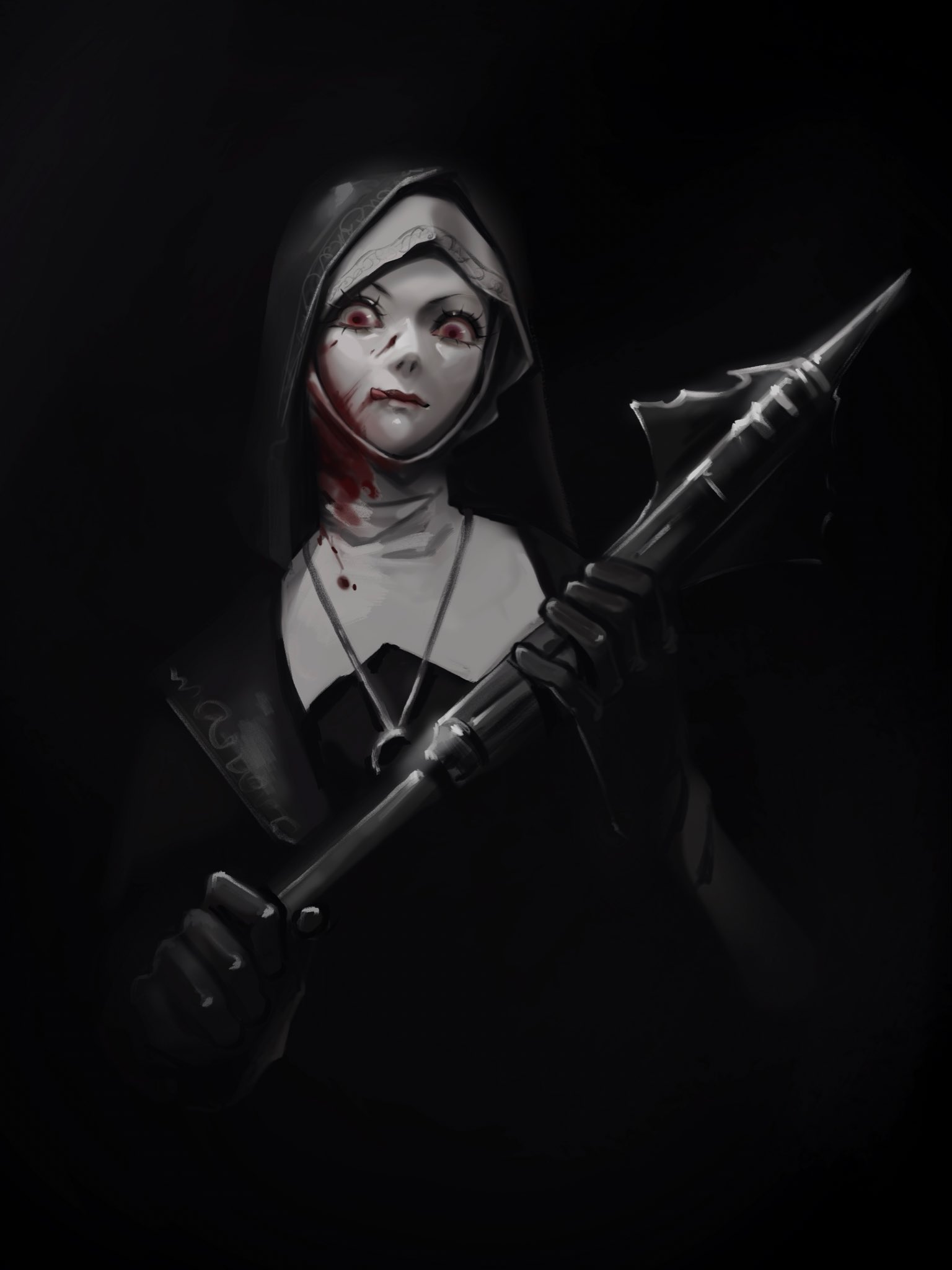 constance (angeliccarousel), elden ring, elden ring nightreign, highres, 1girl, black background, black capelet, black gloves, black theme, blood, blood on face, capelet, gloves, holding, holding mace, holding weapon, hood, jewelry, licking lips, limited palette, mace, necklace, nun, red eyes, solo, tongue, tongue out, undertaker (elden ring), upper body, weapon