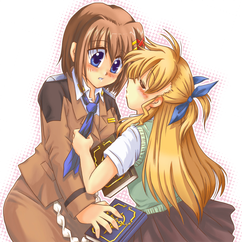 san-pon, tome of the night sky, vivio, yagami hayate, lyrical nanoha, mahou shoujo lyrical nanoha, mahou shoujo lyrical nanoha strikers, 00s, 2girls, blonde hair, blue eyes, blush, book, brown hair, closed eyes, long hair, military, military uniform, multiple girls, necktie, pencil skirt, school uniform, short hair, skirt, yuri