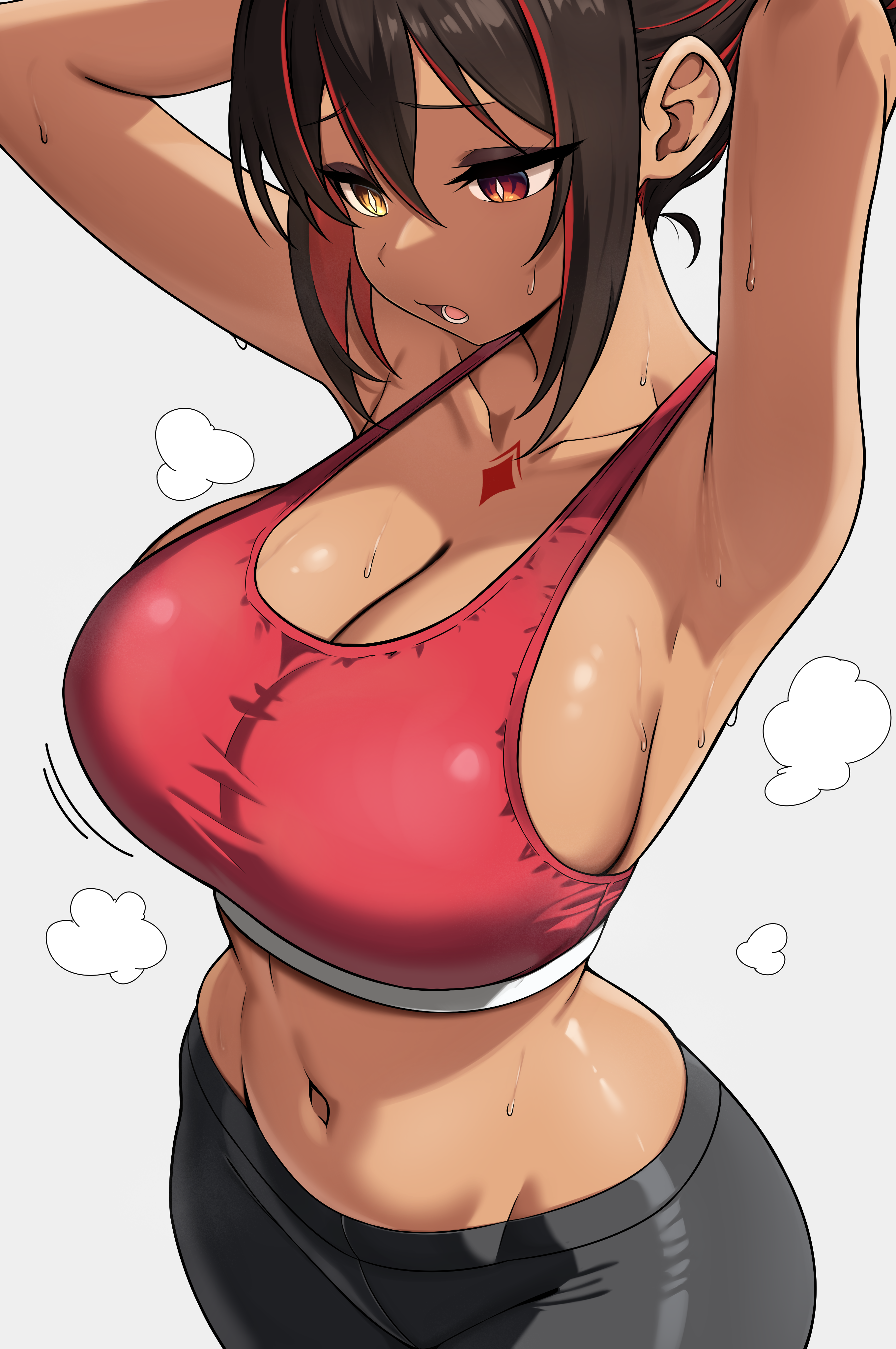scrapy, original, absurdres, highres, 1girl, armpits, arms up, black hair, black pants, breasts, cleavage, collarbone, dark-skinned female, dark skin, heterochromia, large breasts, multicolored hair, navel, open mouth, pants, red eyes, red hair, simple background, solo, sports bra, sportswear, steam, streaked hair, sweat, tattoo, tsumugi kelissa (scrapy), white background, yellow eyes, yoga pants