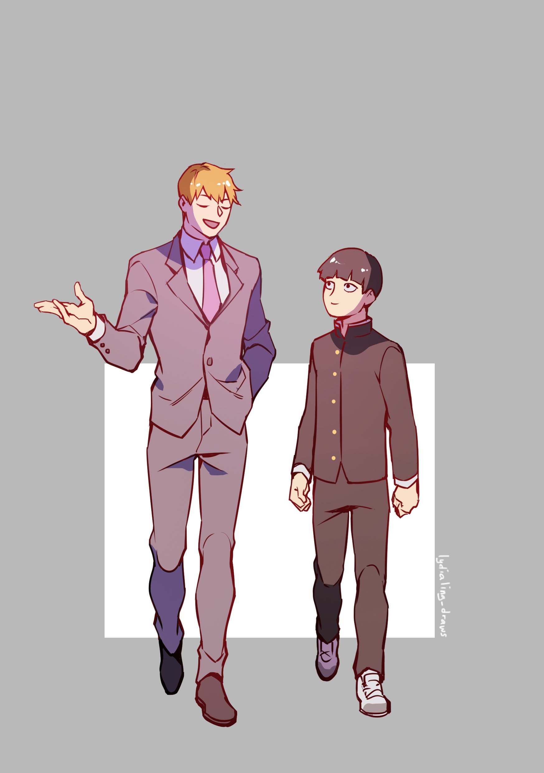 lydialing draws, kageyama shigeo, reigen arataka, mob psycho 100, absurdres, commentary, english commentary, highres, 2boys, black eyes, black hair, black jacket, black pants, black shoes, blonde hair, closed mouth, formal clothes, full body, gakuran, grey background, grey jacket, grey pants, grey suit, jacket, long sleeves, looking at another, male focus, multiple boys, necktie, open mouth, pants, pink necktie, school uniform, shoes, short hair, smile, suit, walking, white shoes