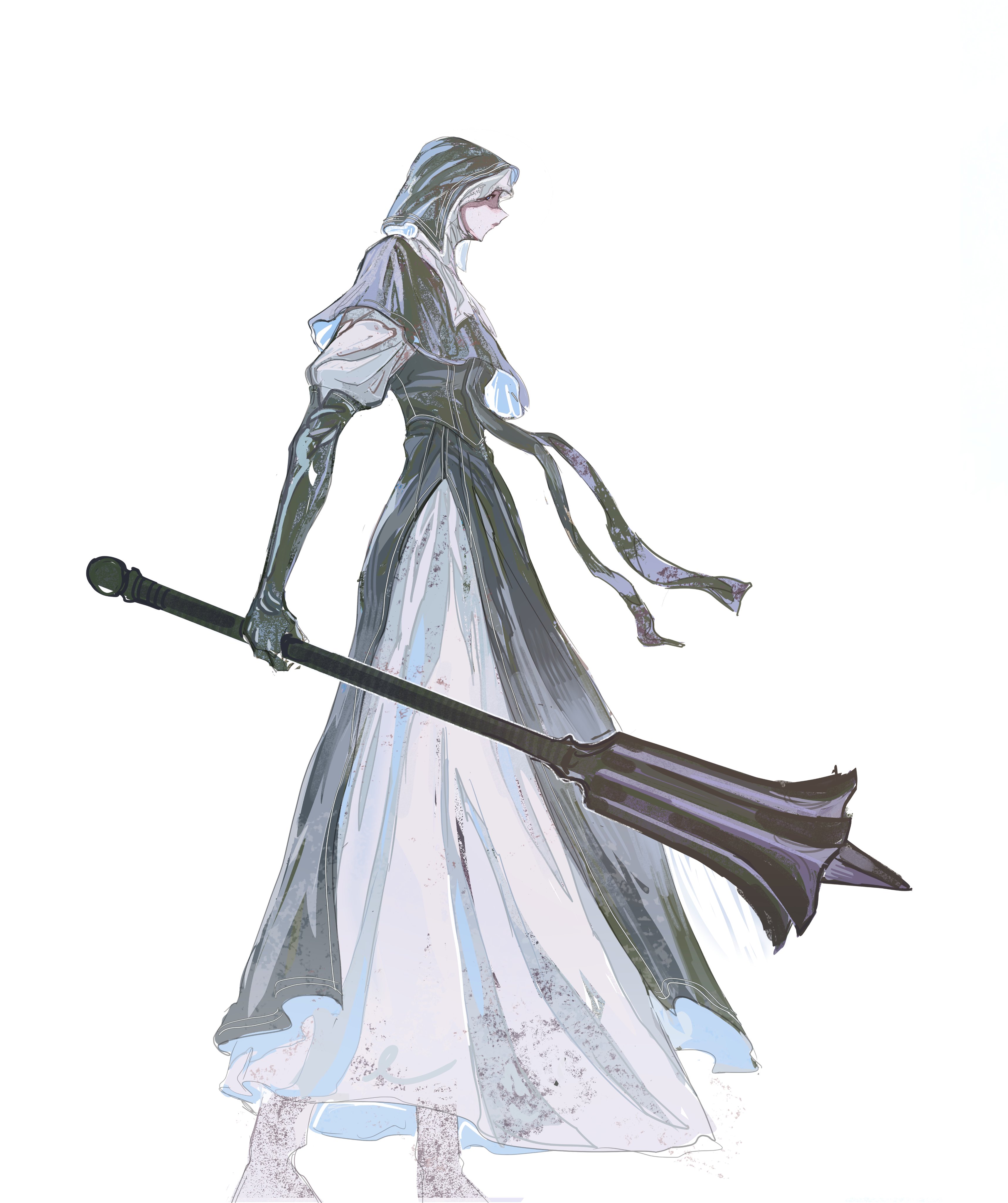 tristanbrardart, elden ring, elden ring nightreign, absurdres, highres, 1girl, black bodice, black capelet, blood, blood on clothes, blood splatter, bodice, capelet, elbow gloves, from side, full body, gloves, holding, holding mace, holding weapon, hood, hood up, jewelry, looking at viewer, mace, necklace, nun, pelvic curtain, solo, undertaker (elden ring), weapon, white background