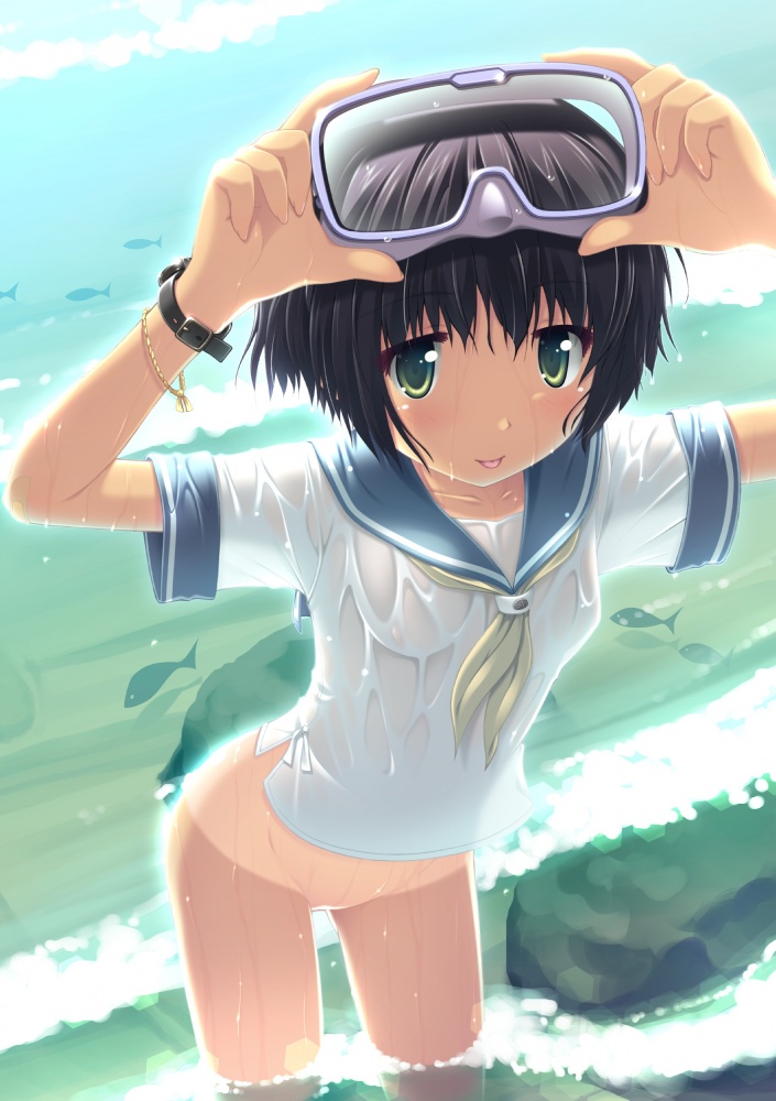 simk, yamabuki zarame, 1girl, :p, black hair, bottomless, diving mask, female focus, fish, goggles, green eyes, leaning forward, looking at viewer, no bra, no panties, ocean, one-piece tan, outdoors, rock, school uniform, see-through clothes, serafuku, shirt, short hair, solo, tan, tanline, tongue, tongue out, wading, watch, water, wet, wet clothes, wet shirt, wristwatch