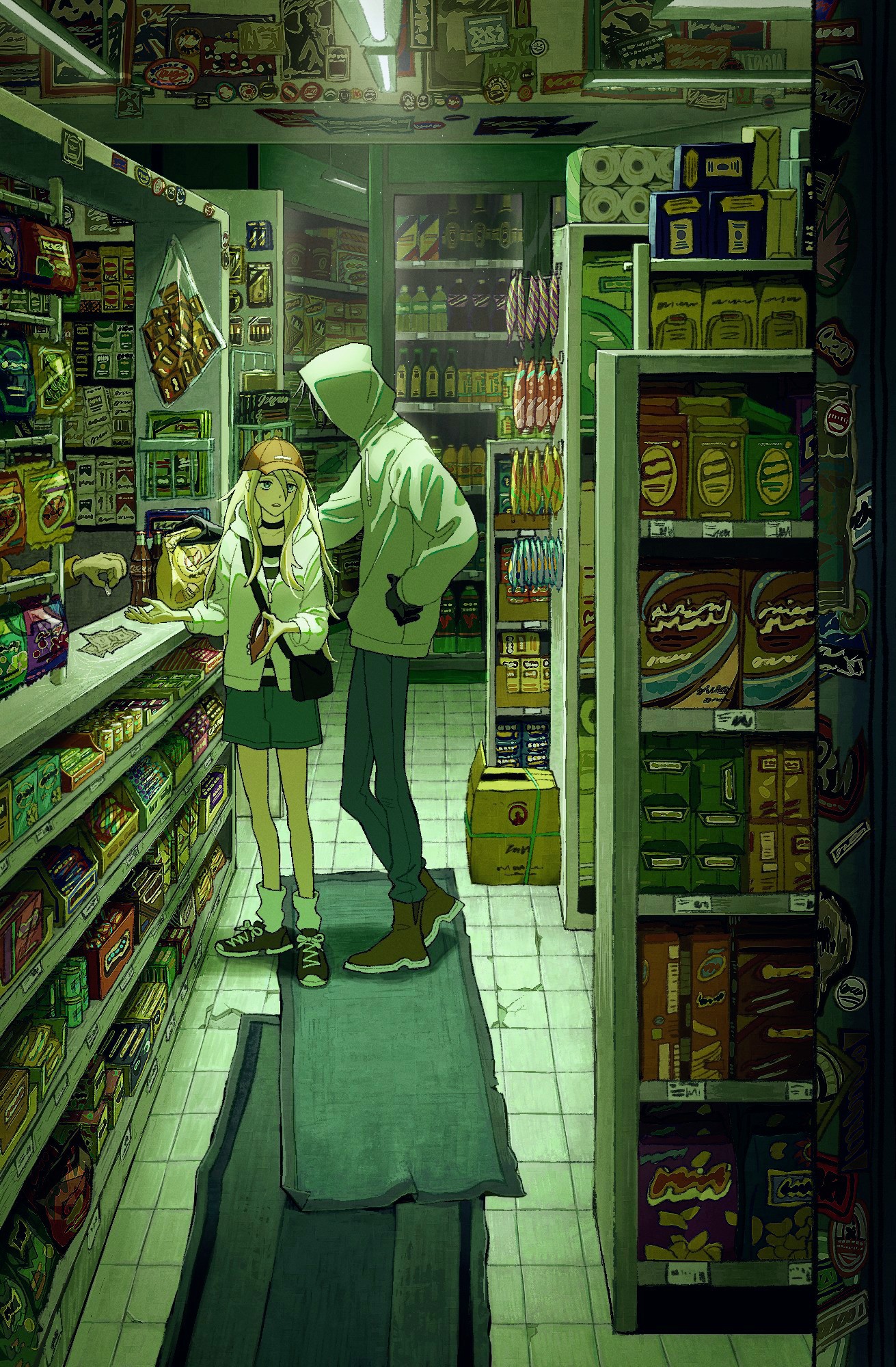 isaac foster, rachel gardner, satsuriku no tenshi, highres, 1boy, 1girl, baseball cap, black gloves, black shoes, blue shorts, bottle, ceiling light, crossbody bag, fluorescent lamp, full body, gloves, hat, holding, holding wallet, hood, hood up, indoors, jacket, long hair, long sleeves, money, outstretched hand, rinrinririn187, rug, shelf, shirt, shoes, shorts, socks, soda bottle, striped clothes, striped shirt, tile floor, tiles, wallet, white jacket, white socks