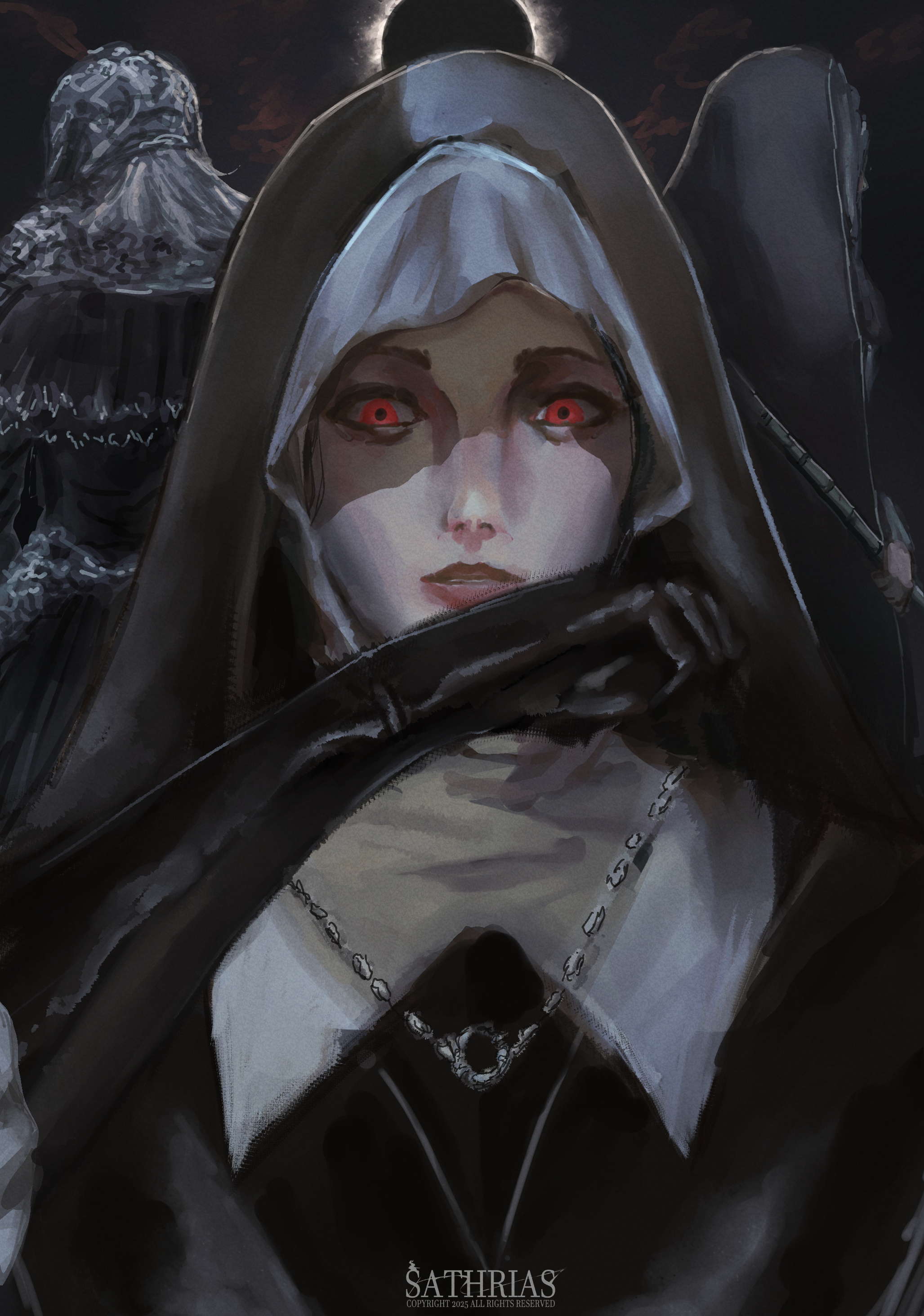 satsu-strive, sister friede, yuria of londor, dark souls (series), dark souls iii, elden ring, elden ring nightreign, absurdres, highres, 3girls, armor, armored dress, black armor, black capelet, black gloves, black theme, capelet, covered face, darksign (dark souls), dress, elbow gloves, from behind, gauntlets, gloves, helm, helmet, hip armor, hood, hood up, jewelry, multiple girls, necklace, nun, parted lips, red eyes, signature, solo focus, staring, undertaker (elden ring), upper body, wiping face, wiping mouth