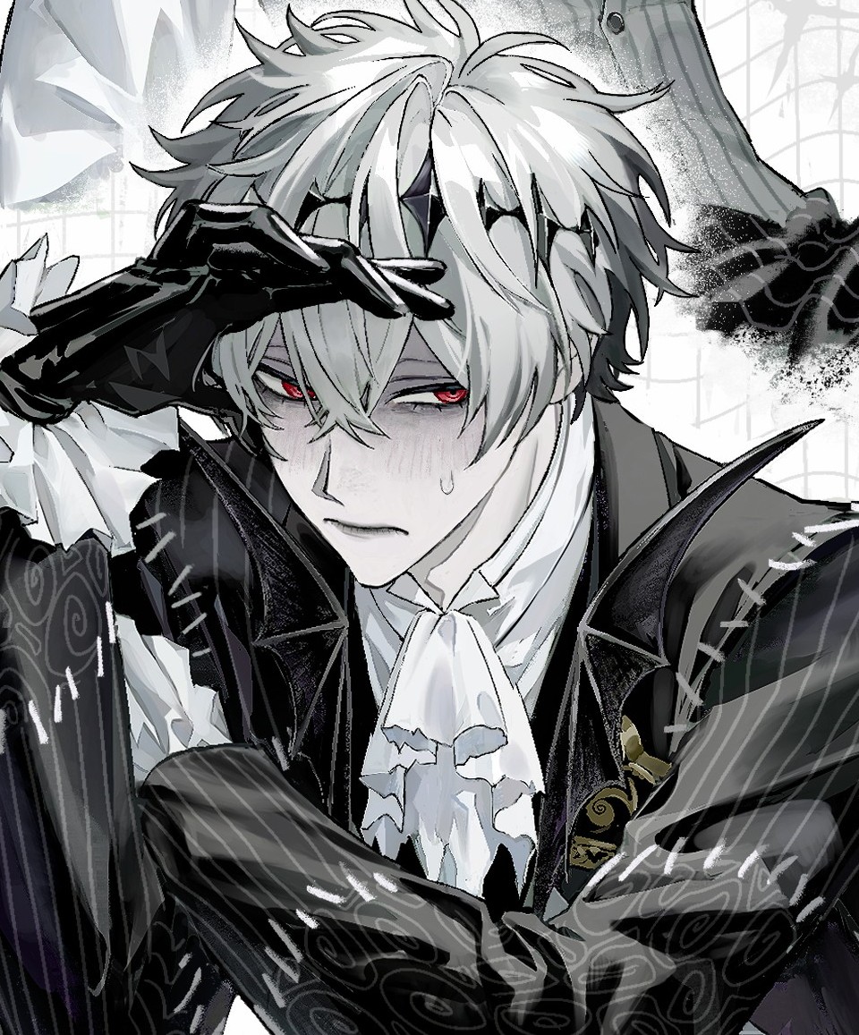 skully j. graves, twisted wonderland, commentary, symbol-only commentary, 1boy, arm up, ascot, black gloves, black jacket, black wings, closed mouth, colored skin, gloves, grey hair, hair between eyes, jacket, looking to the side, male focus, red eyes, rinrinririn187, short hair, solo, sweatdrop, upper body, white ascot, white skin, wings